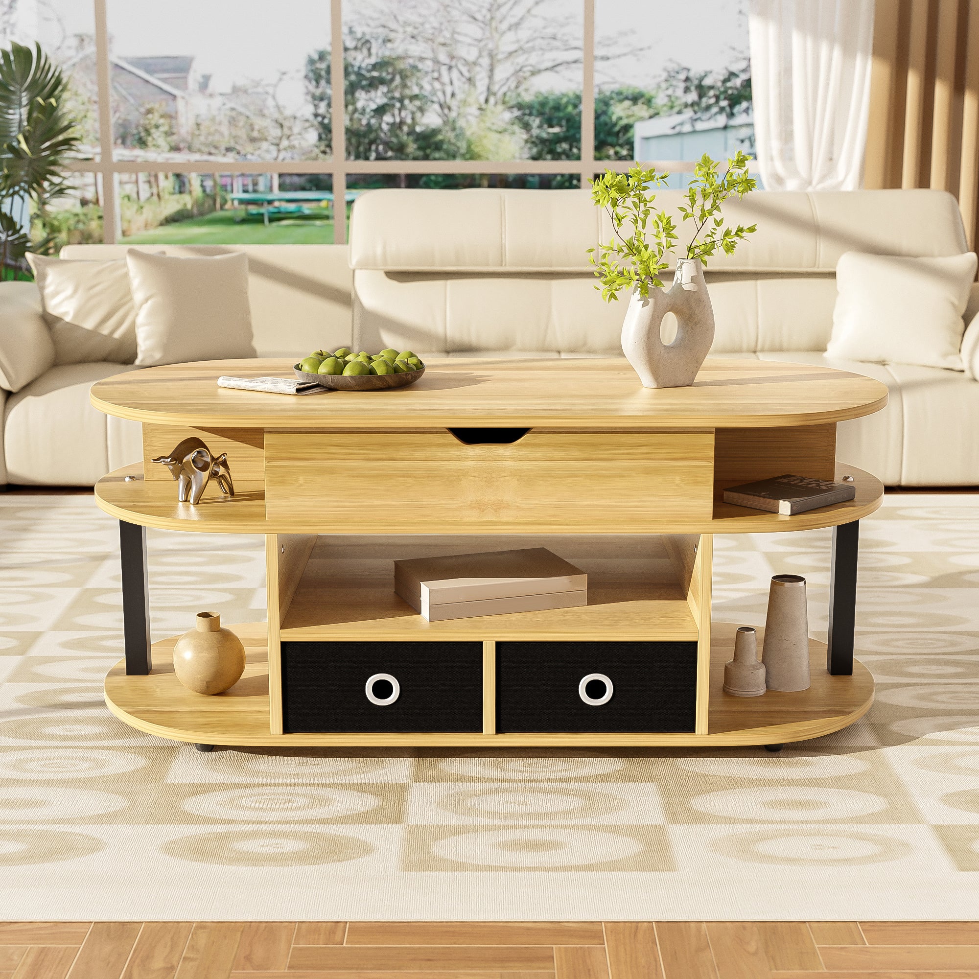 PINGGO Modern Wood Coffee Table with Lift Top & Storage Drawers for Living Room
