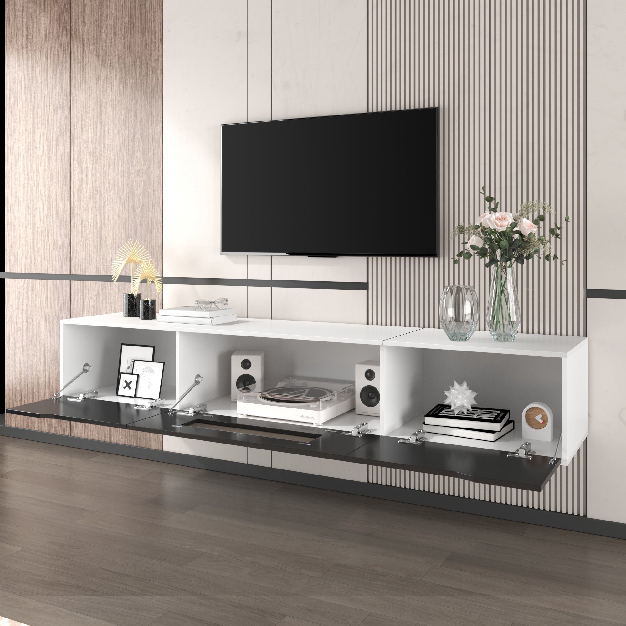 PINGGO High Gloss TV Cabinet Black & White with LED Lights | Modern Storage Console
