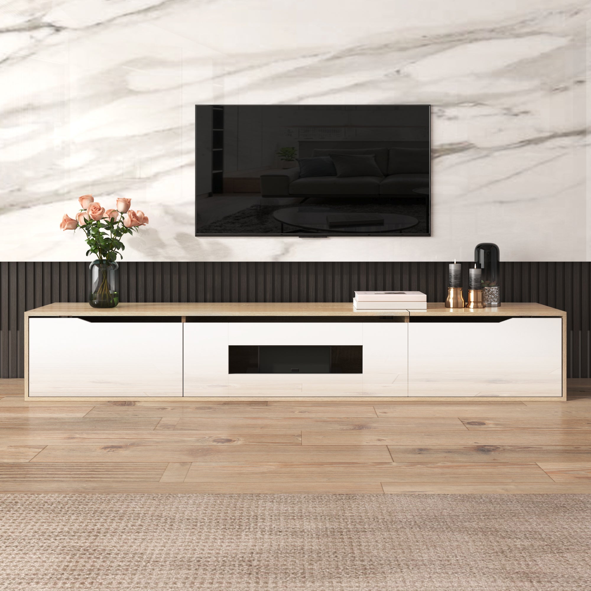 PINGGO High Gloss TV Cabinet White Wood Tone with LED Light | Home Entertainment Storage Unit