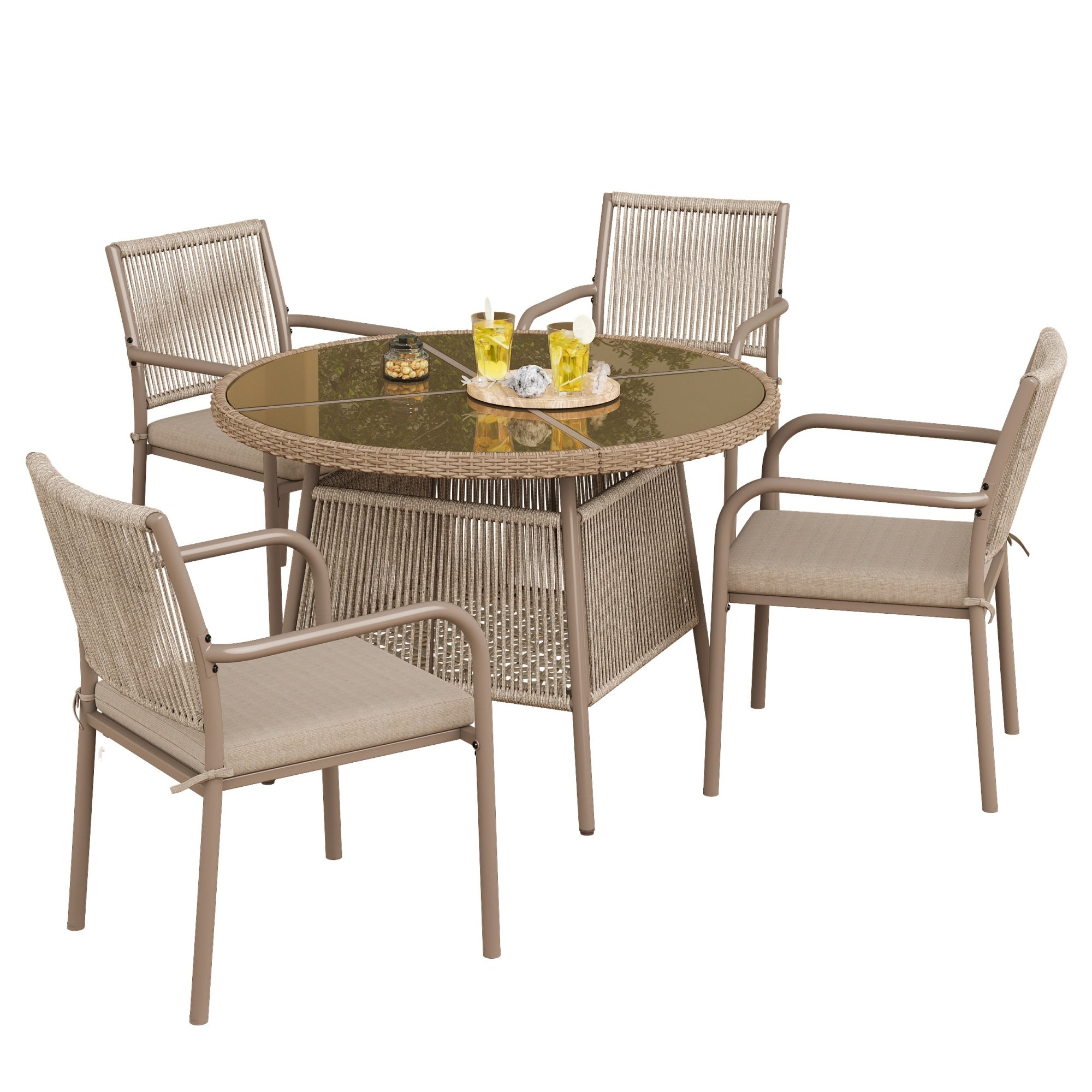 PINGGO Rattan Patio Furniture Set – Glass Table 4 Armchairs for Garden Balcony