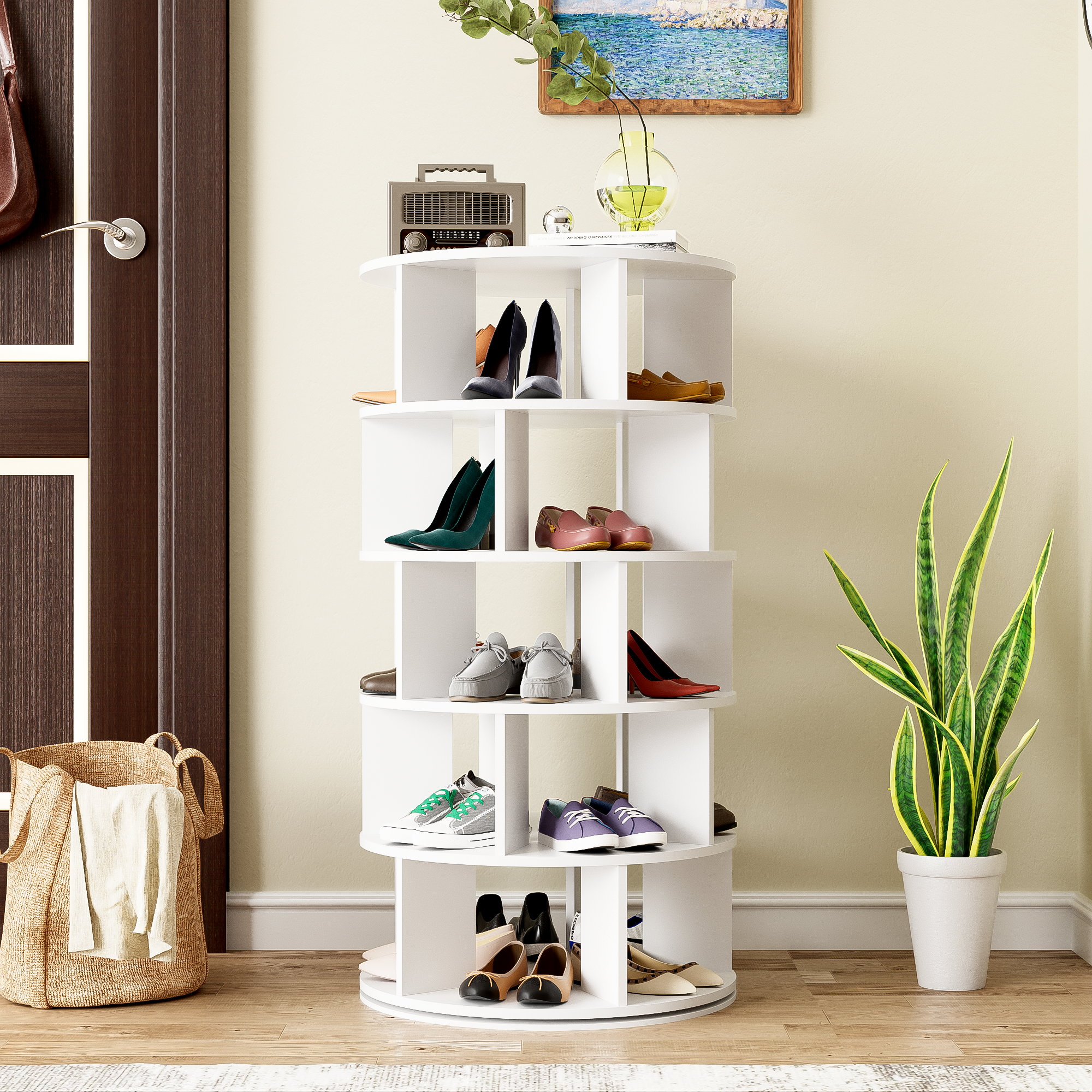 PINGGO Rotatable Corner Design White Circular Shoe Cabinet 5-Layer Shelf 115cm Height 60cm Width for Home Organization