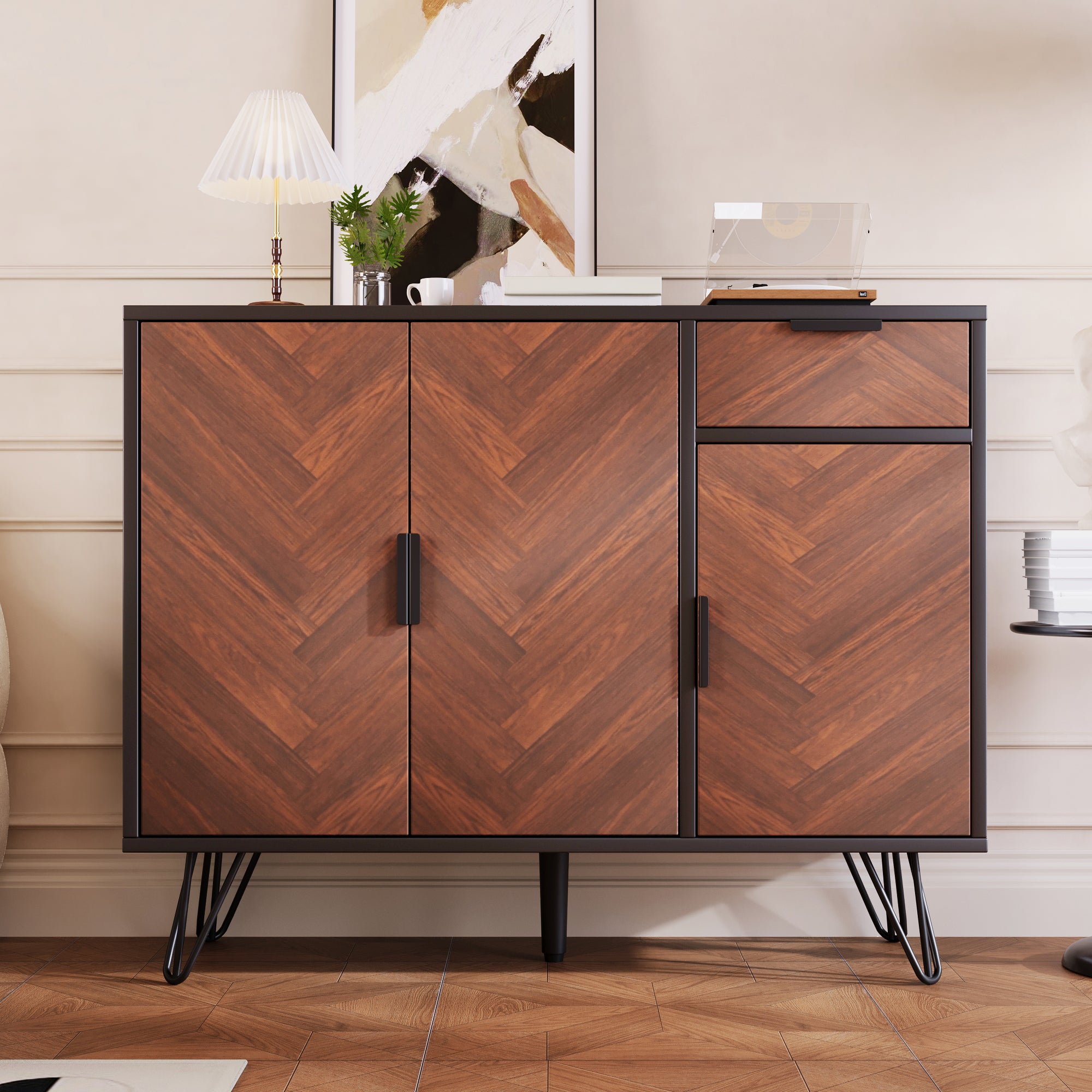 PINGGO Black Wooden Optics Storage Cabinet Sideboard