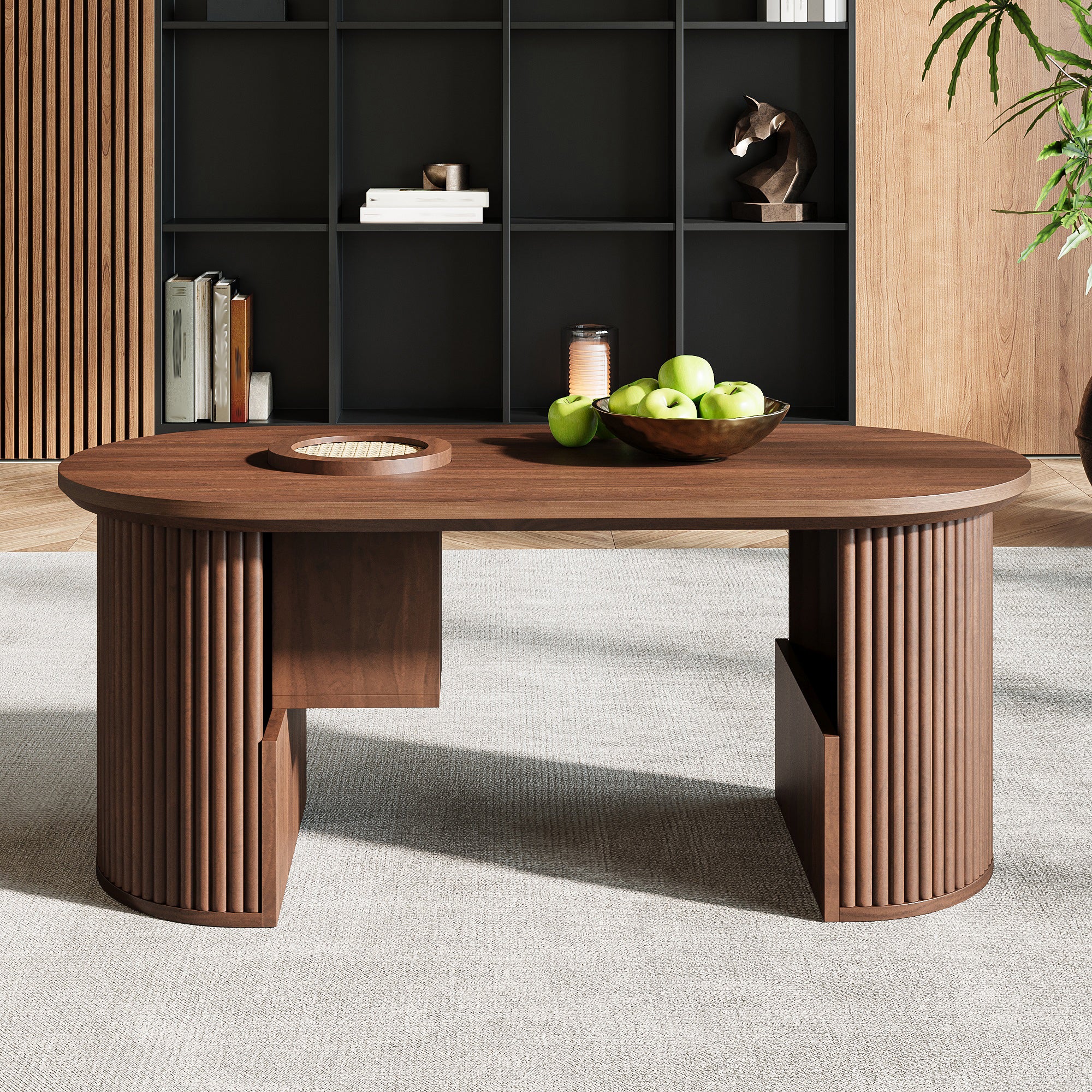 PINGGO Modern Height Adjustable Coffee Table for Living Room with Open Shelves, Hidden Storage & Sliding Doors