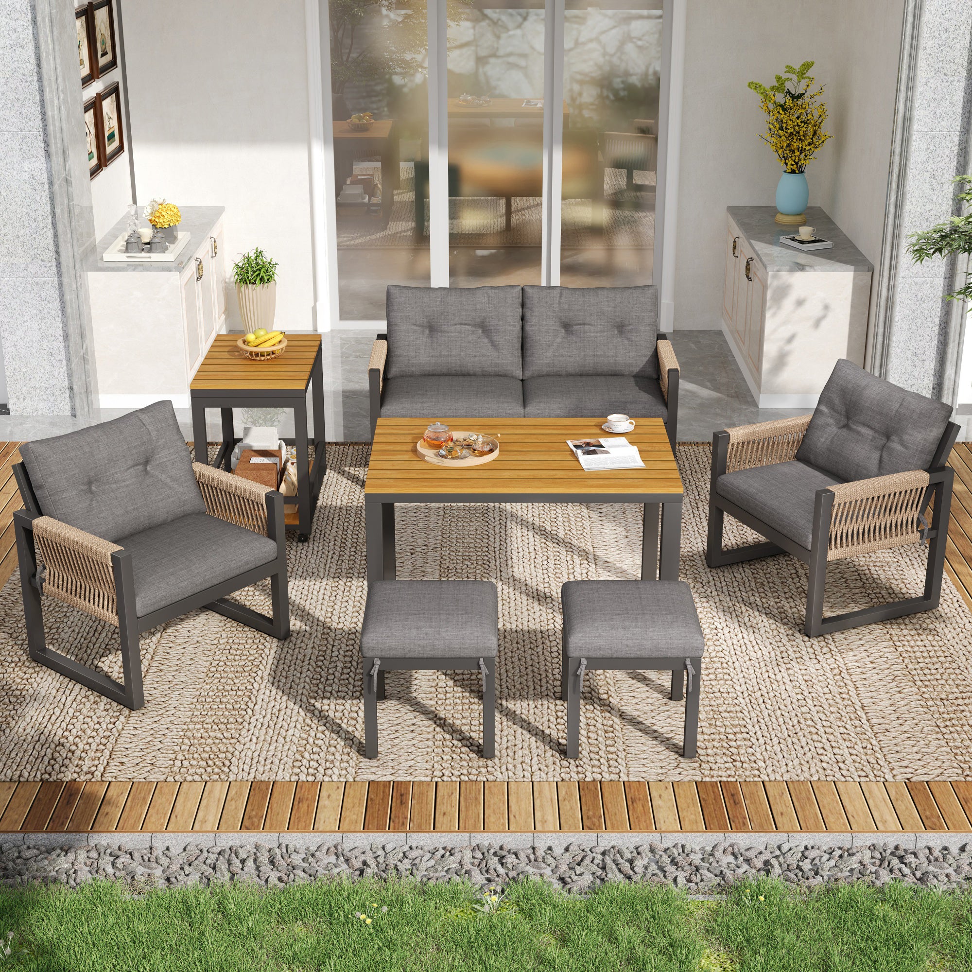 PINGGO Multi-Person Outdoor Meeting Sofa Set with Multifunctional Table