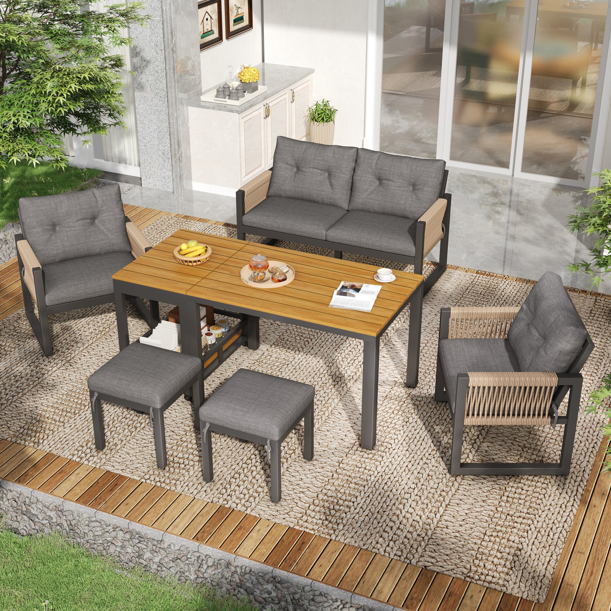 PINGGO Multi-Person Outdoor Meeting Sofa Set with Multifunctional Table