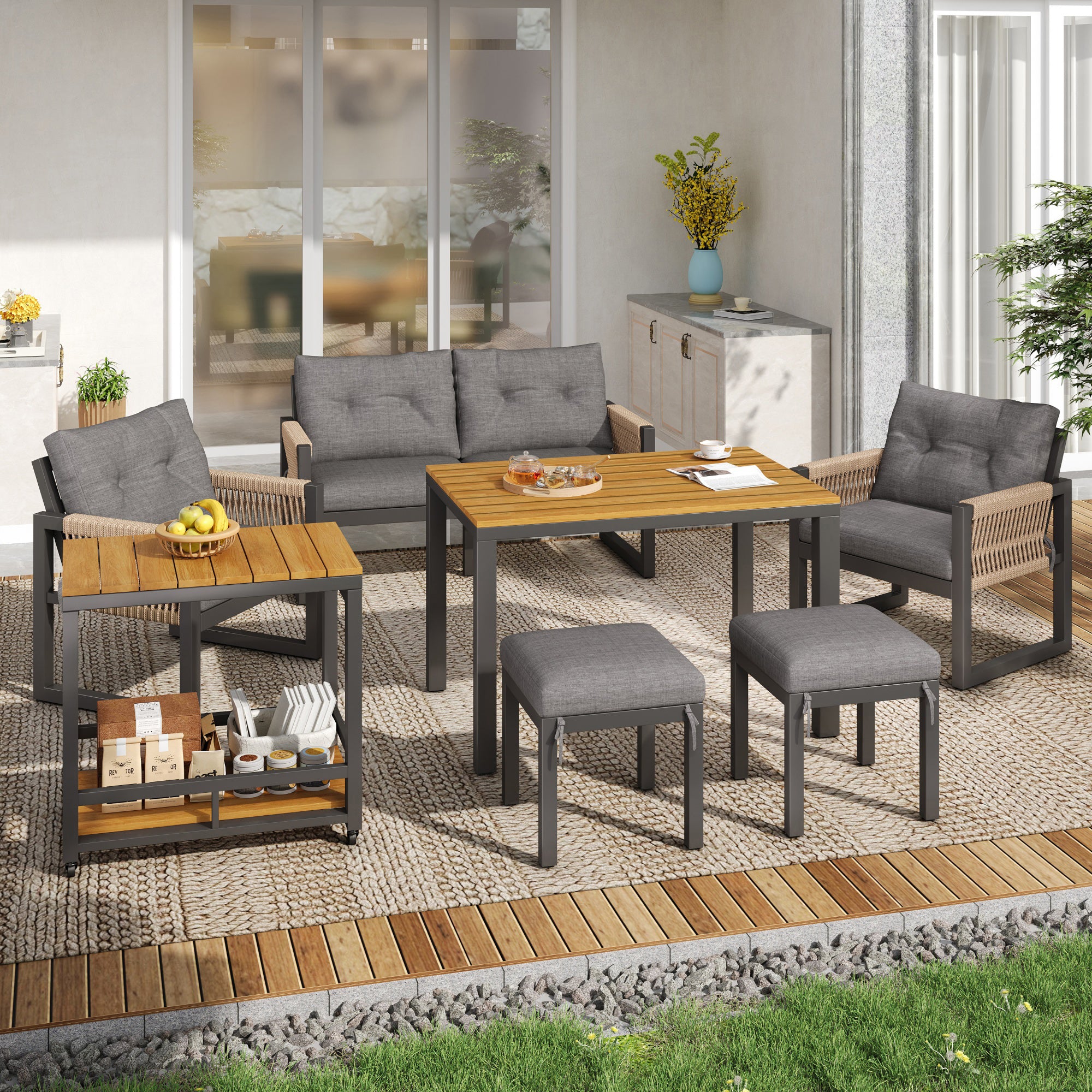 PINGGO Multi-Person Outdoor Meeting Sofa Set with Multifunctional Table