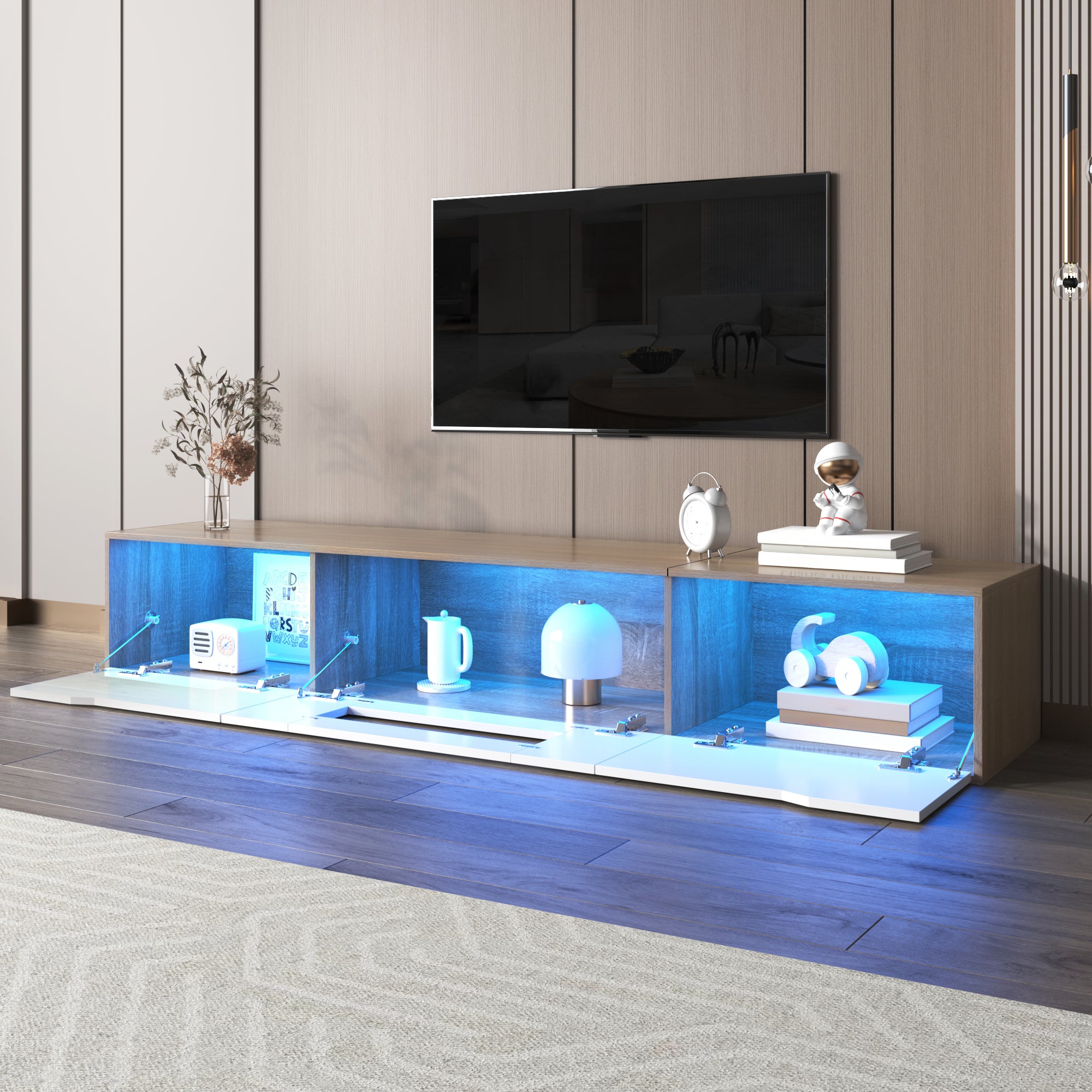 PINGGO High Gloss TV Cabinet White Wood Tone with LED Light | Home Entertainment Storage Unit