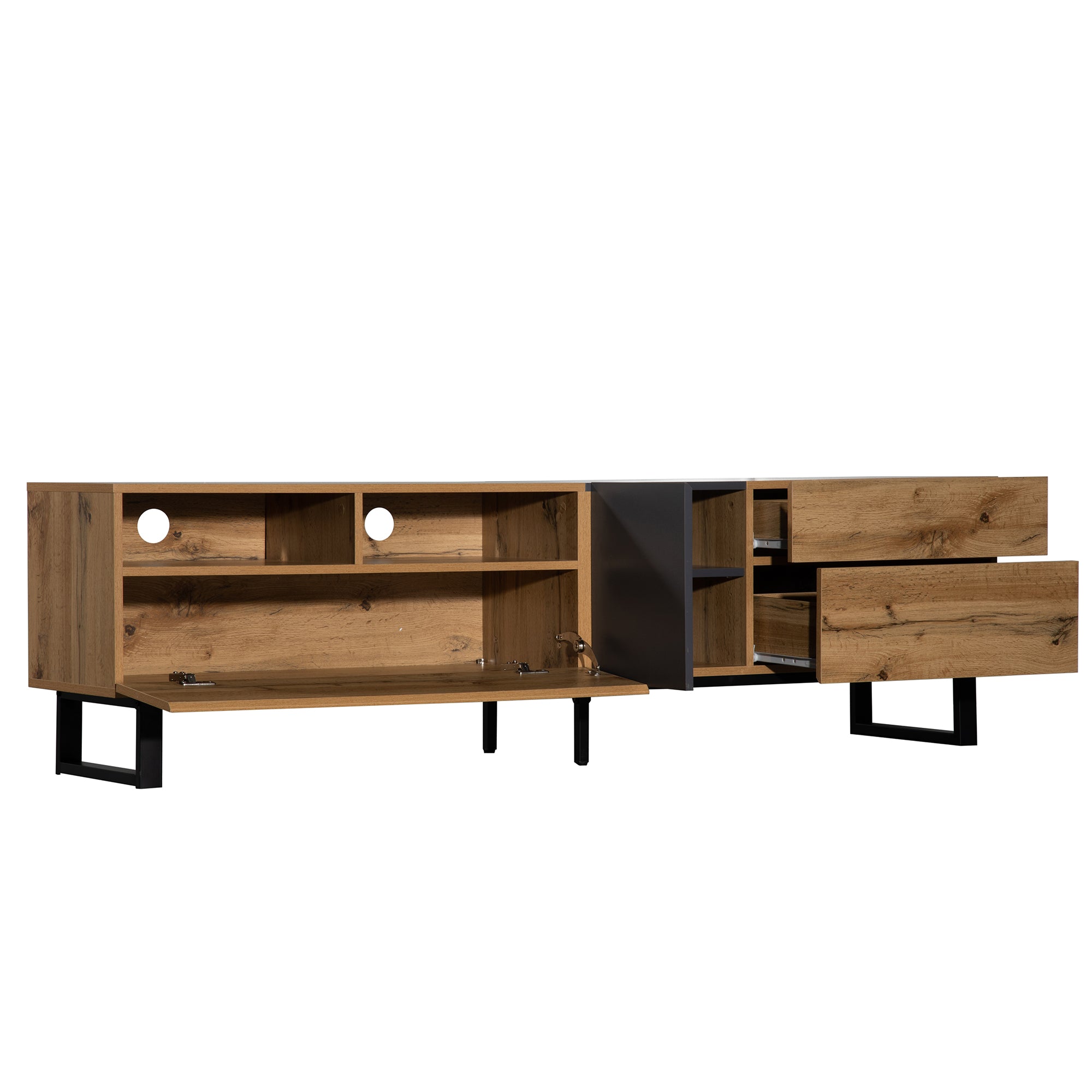 PINGGO 180cm Modern Colorblock TV Cabinet | Wood Grating Storage Console for Living Room