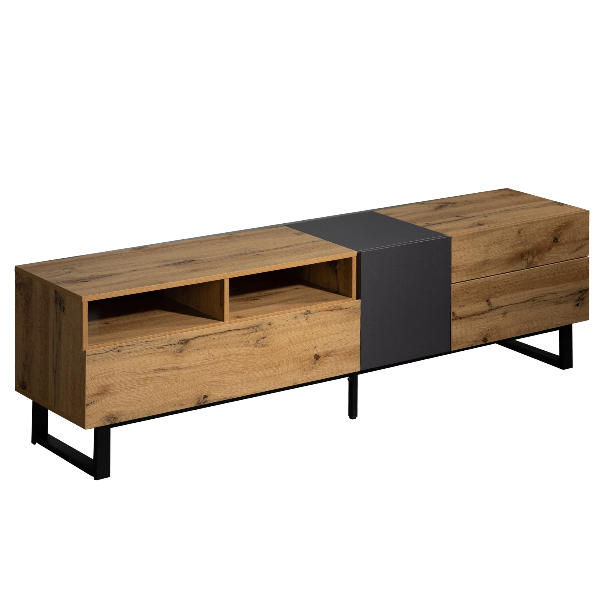 PINGGO 180cm Modern Colorblock TV Cabinet | Wood Grating Storage Console for Living Room