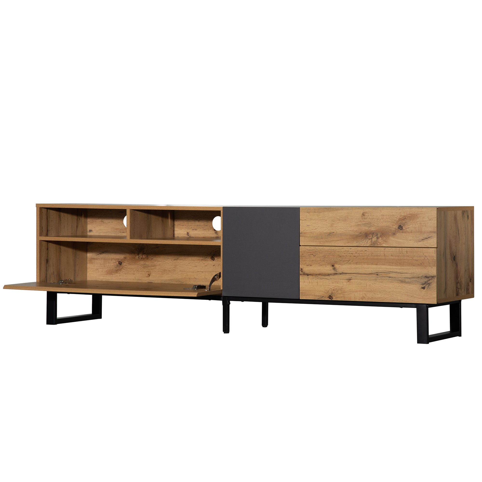 PINGGO 180cm Modern Colorblock TV Cabinet | Wood Grating Storage Console for Living Room