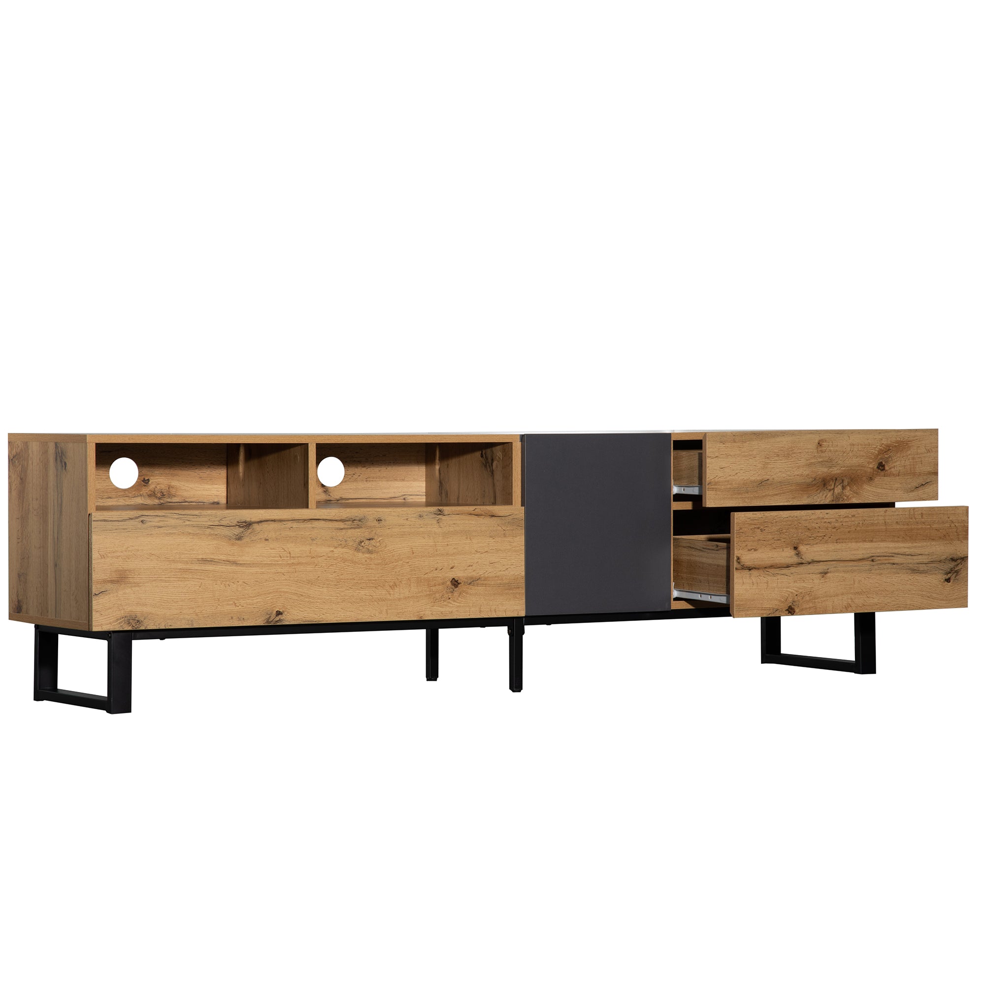 PINGGO 180cm Modern Colorblock TV Cabinet | Wood Grating Storage Console for Living Room