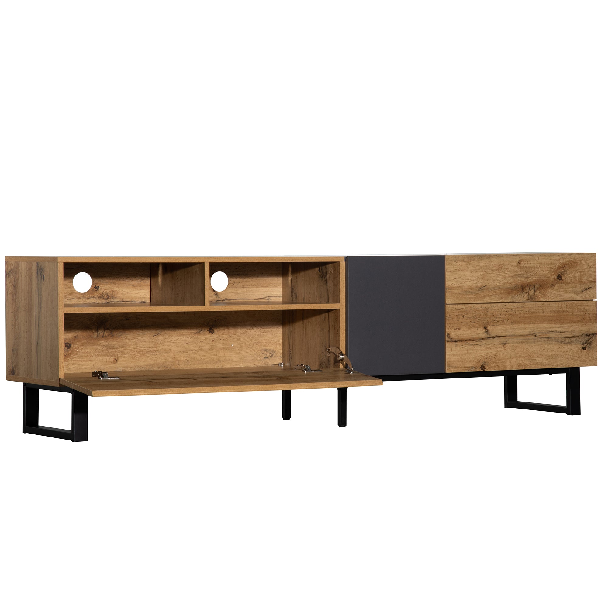 PINGGO 180cm Modern Colorblock TV Cabinet | Wood Grating Storage Console for Living Room