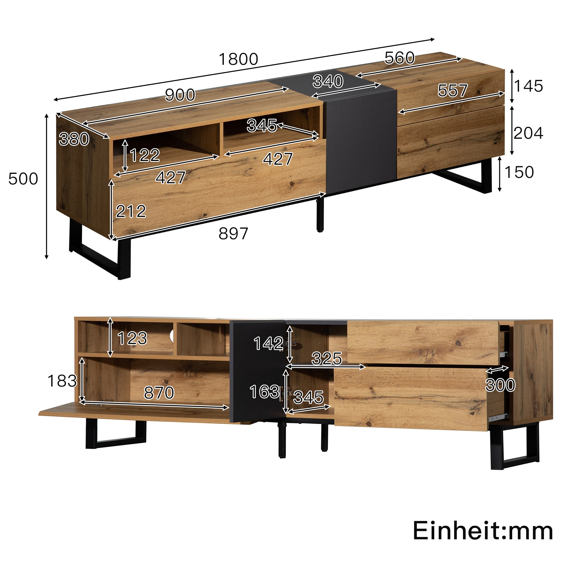 PINGGO 180cm Modern Colorblock TV Cabinet | Wood Grating Storage Console for Living Room