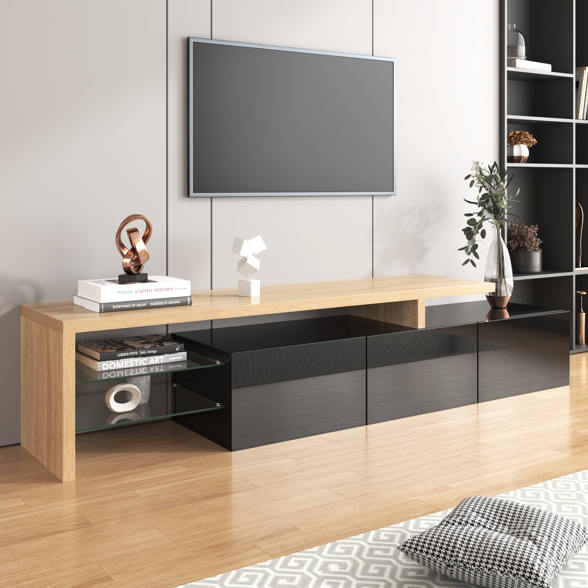 PINGGO Modern TV Stand High Gloss Black Wooden Optics Glass Flooring LED Light Stylish Elegance Practical Storage Cabinet