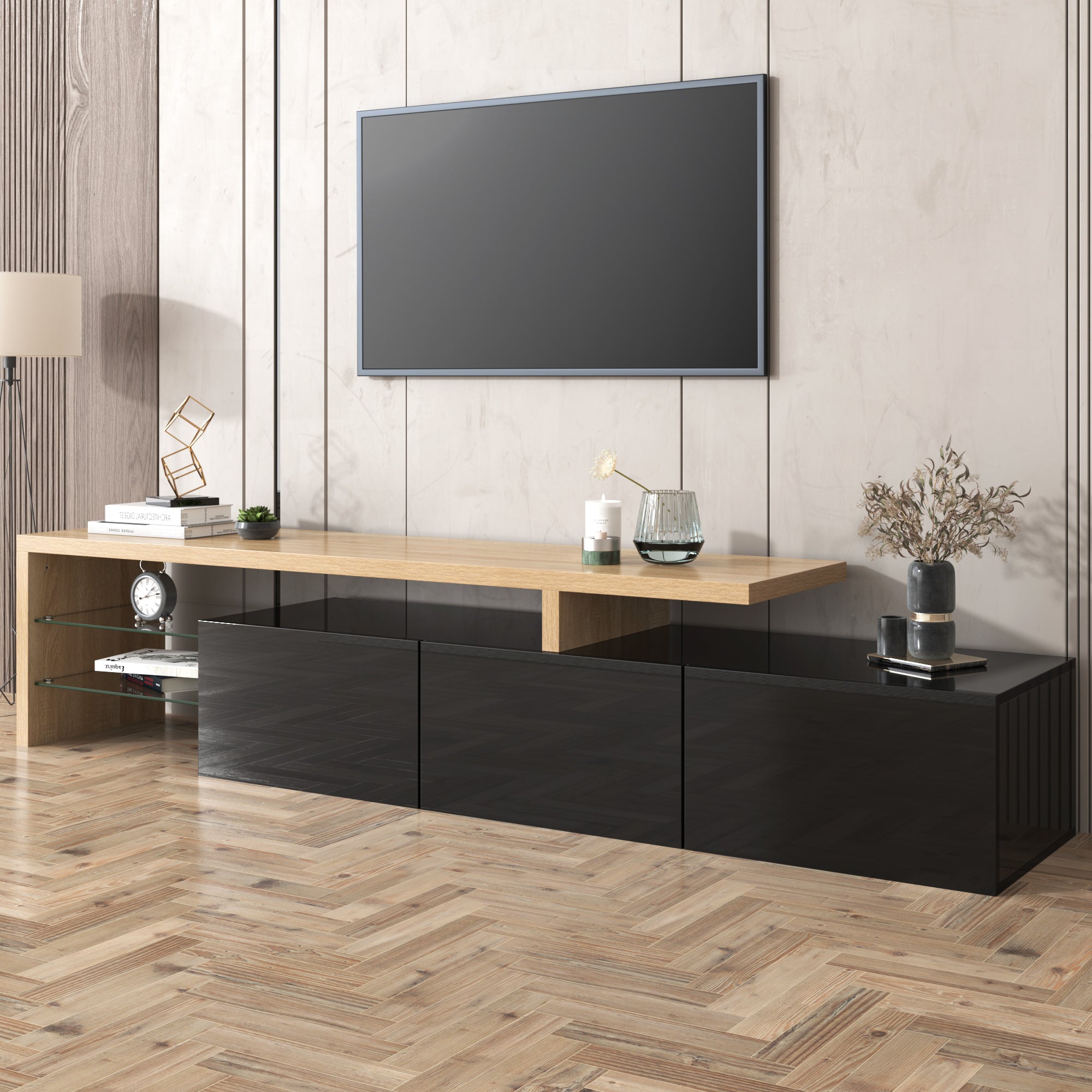 PINGGO Modern TV Stand High Gloss Black Wooden Optics Glass Flooring LED Light Stylish Elegance Practical Storage Cabinet