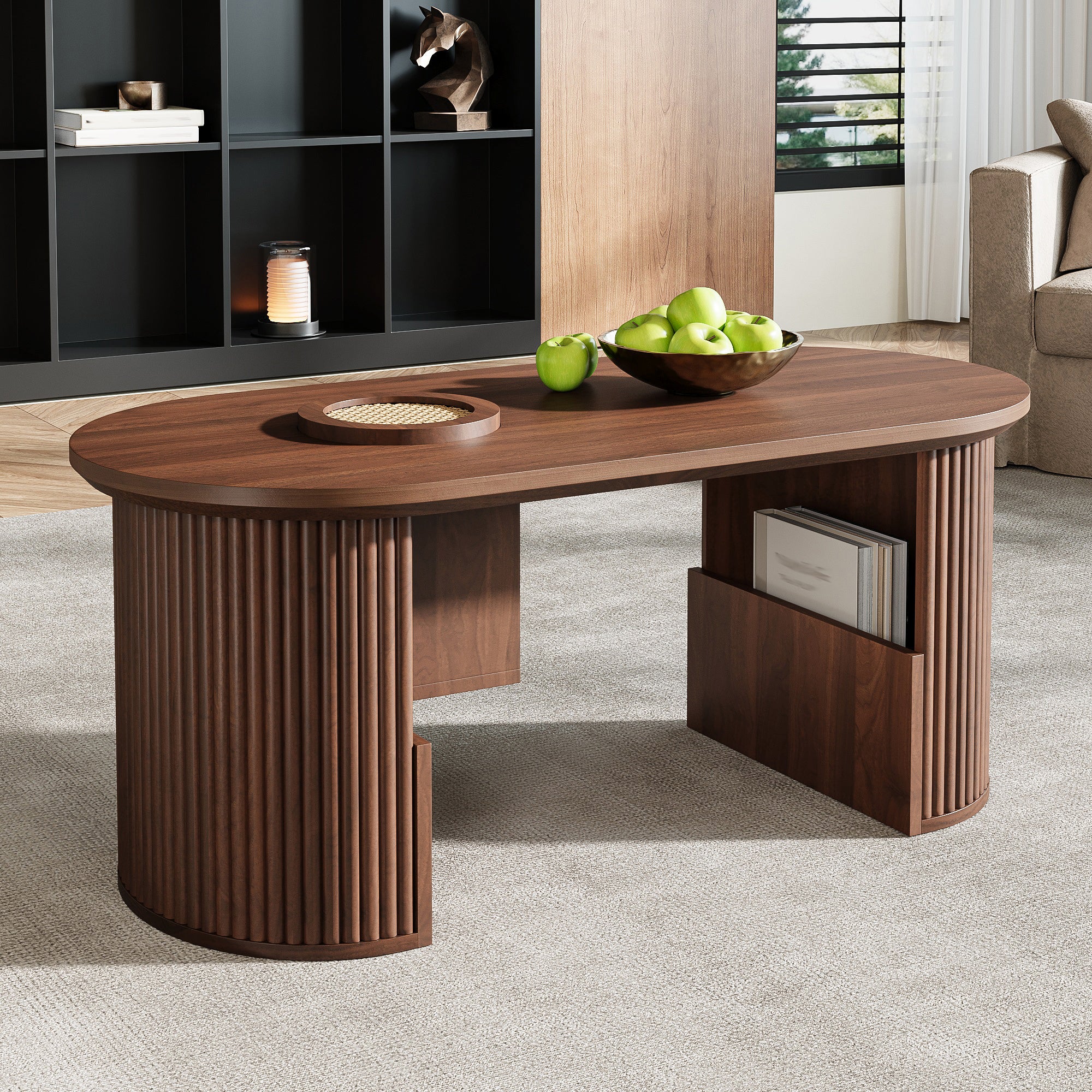 PINGGO Modern Height Adjustable Coffee Table for Living Room with Open Shelves, Hidden Storage & Sliding Doors