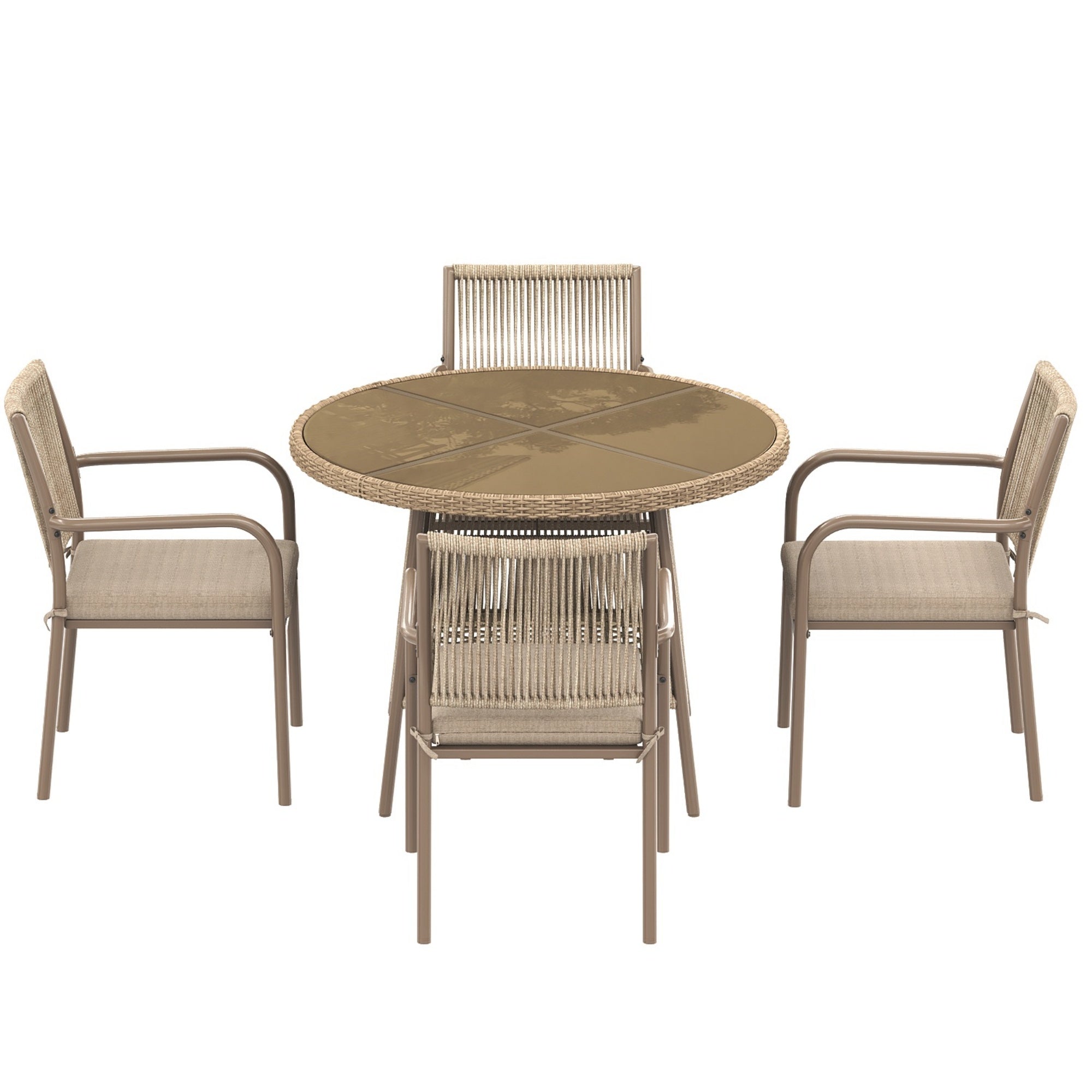 PINGGO Rattan Patio Furniture Set – Glass Table 4 Armchairs for Garden Balcony