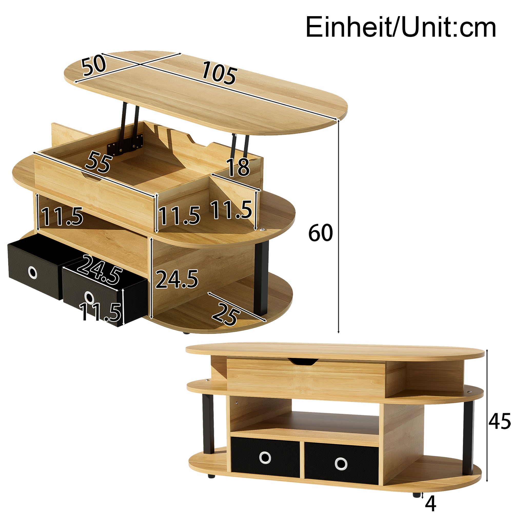 PINGGO Modern Wood Coffee Table with Lift Top & Storage Drawers for Living Room