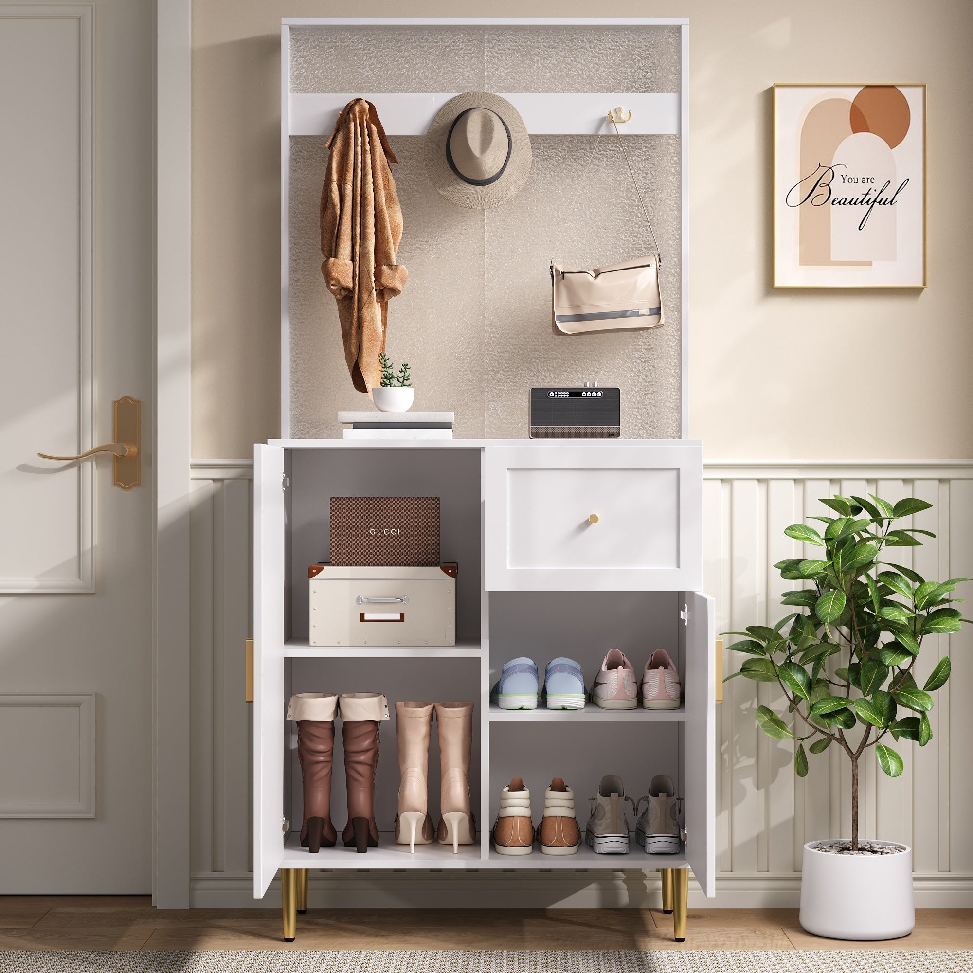 PINGGO Compact Floor Standing Wardrobe Cloakroom Set Corridor Entrance Storage Cabinet Plate Shoe Cabinet Organization System