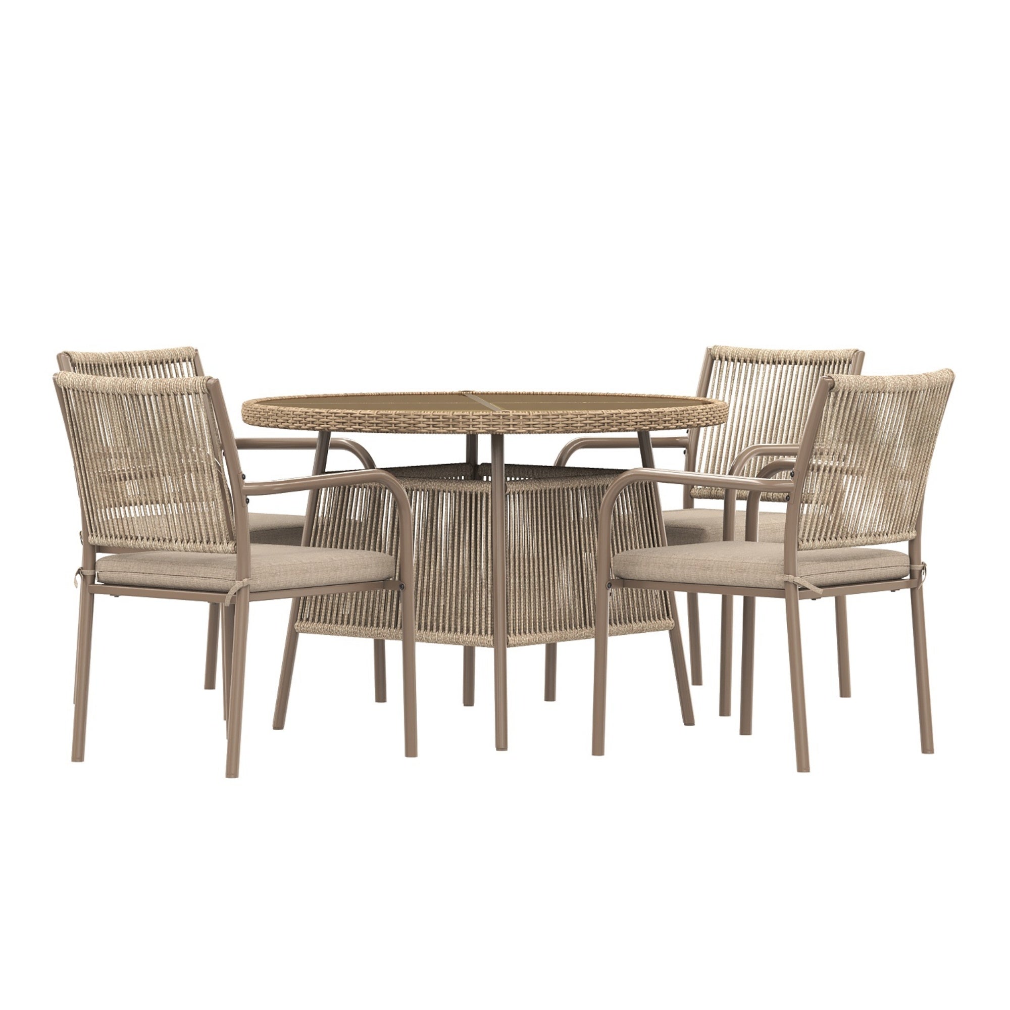 PINGGO Rattan Patio Furniture Set – Glass Table 4 Armchairs for Garden Balcony