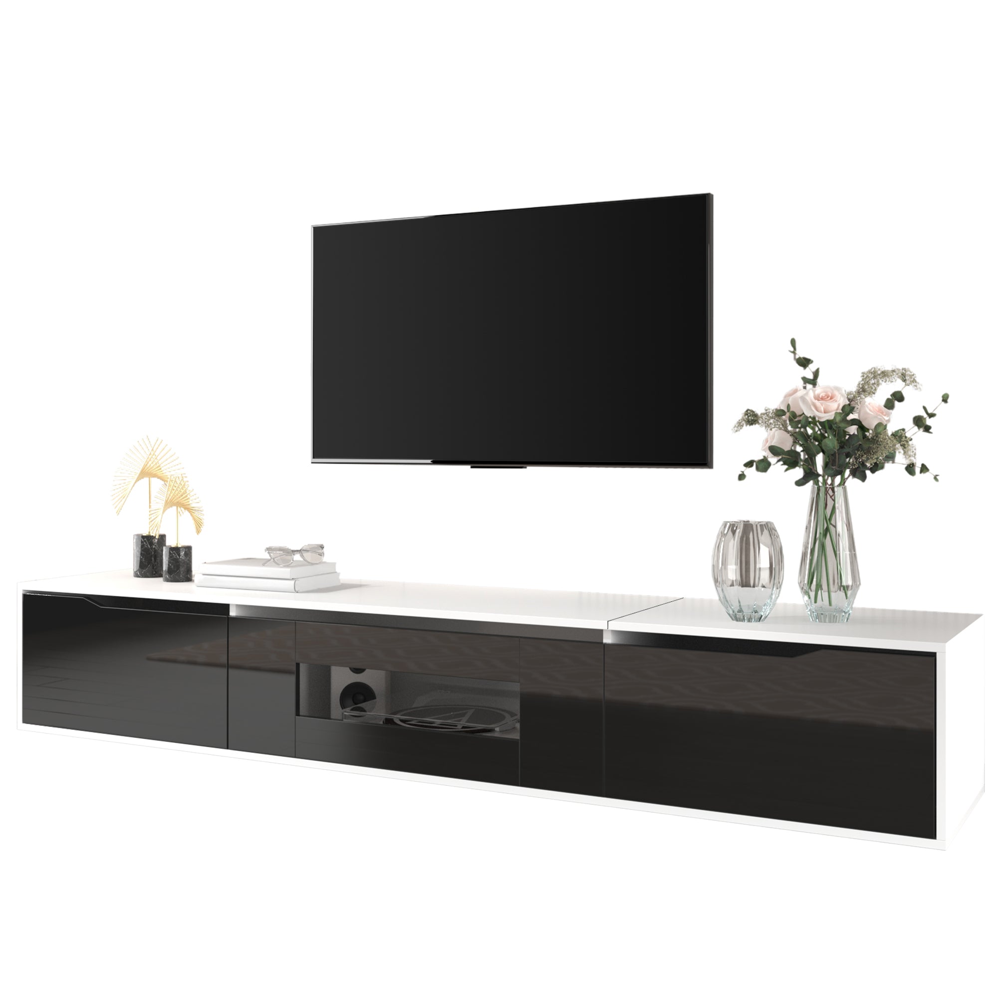 PINGGO High Gloss TV Cabinet Black & White with LED Lights | Modern Storage Console