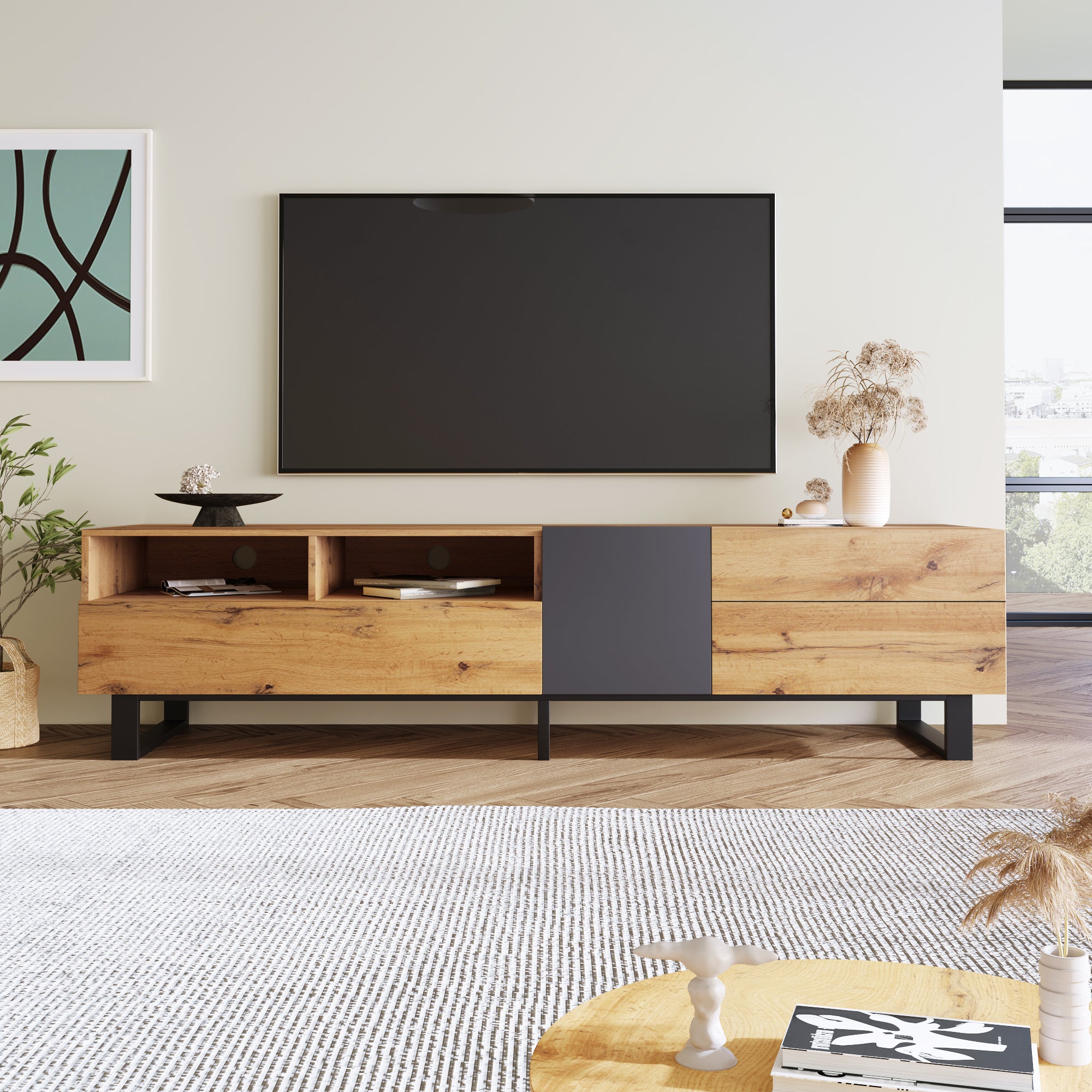 PINGGO 180cm Modern Colorblock TV Cabinet | Wood Grating Storage Console for Living Room