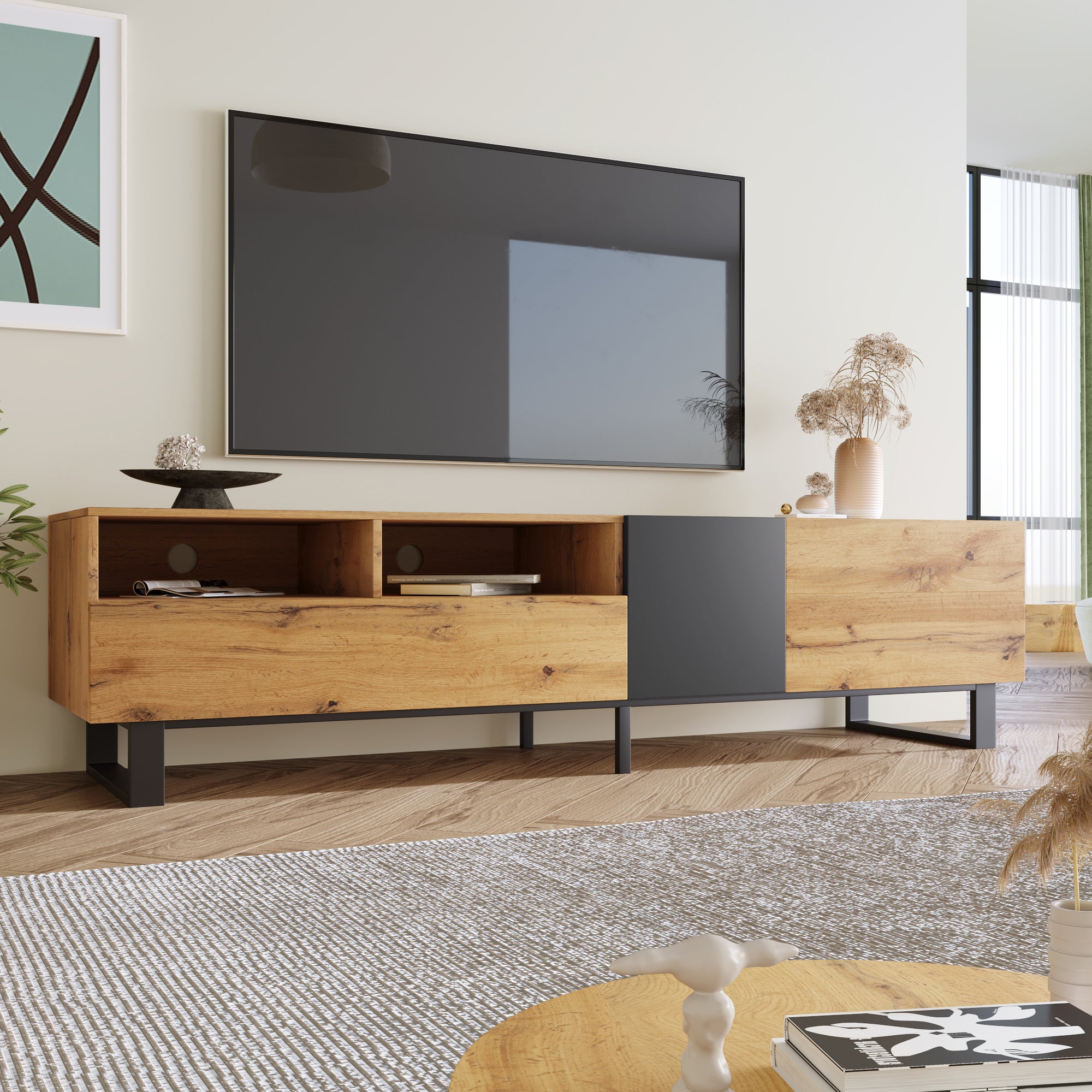 PINGGO 180cm Modern Colorblock TV Cabinet | Wood Grating Storage Console for Living Room