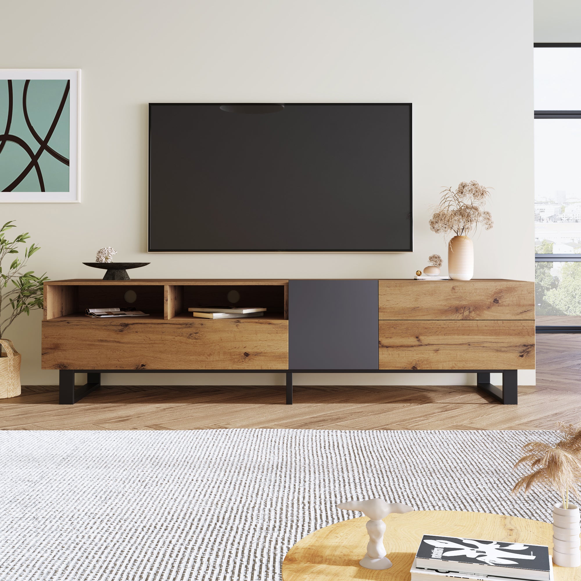 PINGGO 180cm Modern Colorblock TV Cabinet | Wood Grating Storage Console for Living Room
