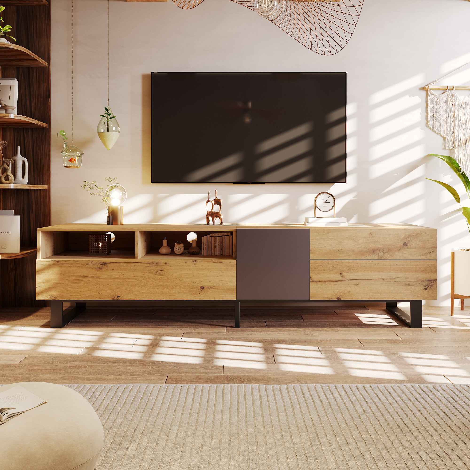 PINGGO 180cm Modern Colorblock TV Cabinet | Wood Grating Storage Console for Living Room