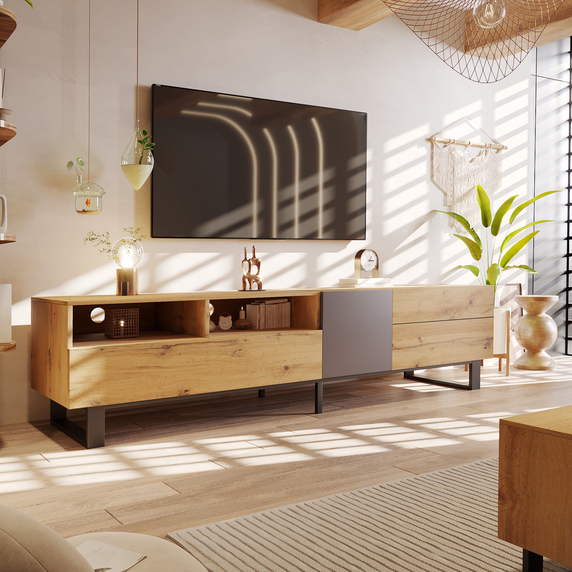 PINGGO 180cm Modern Colorblock TV Cabinet | Wood Grating Storage Console for Living Room