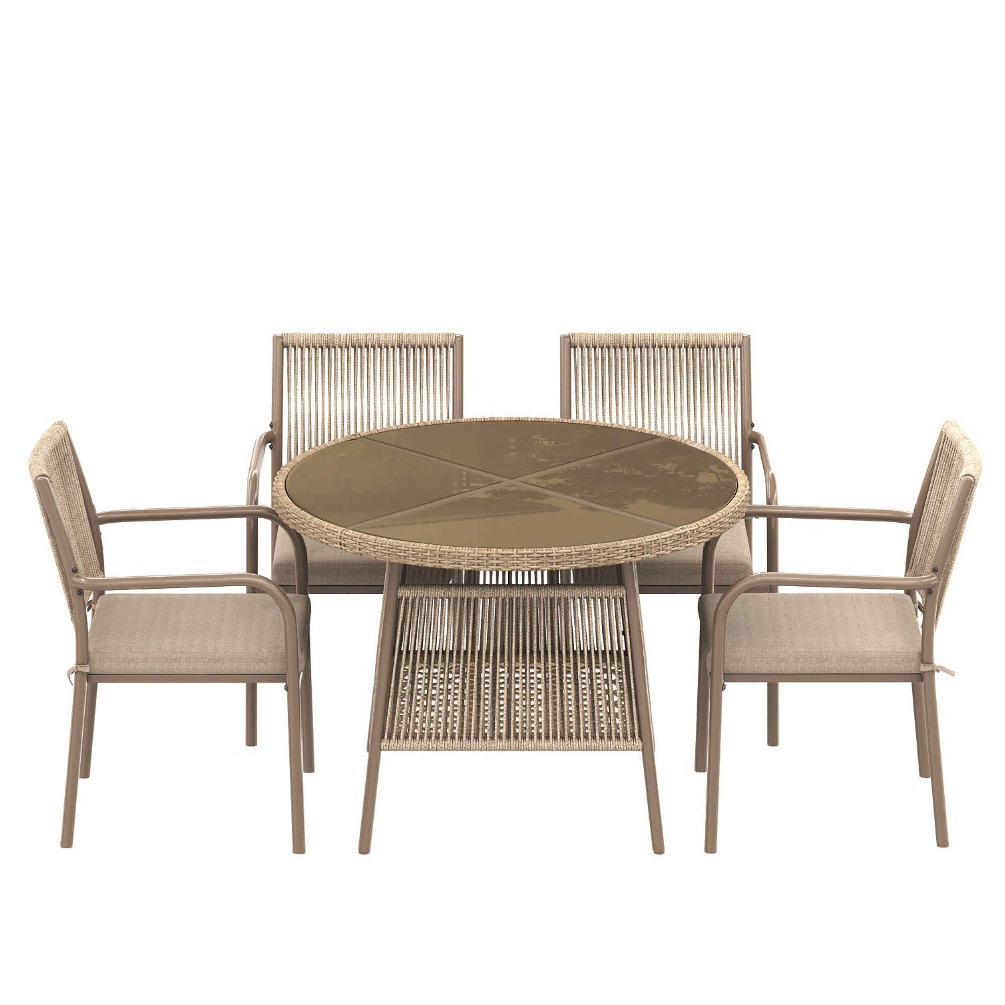 PINGGO Rattan Patio Furniture Set – Glass Table 4 Armchairs for Garden Balcony