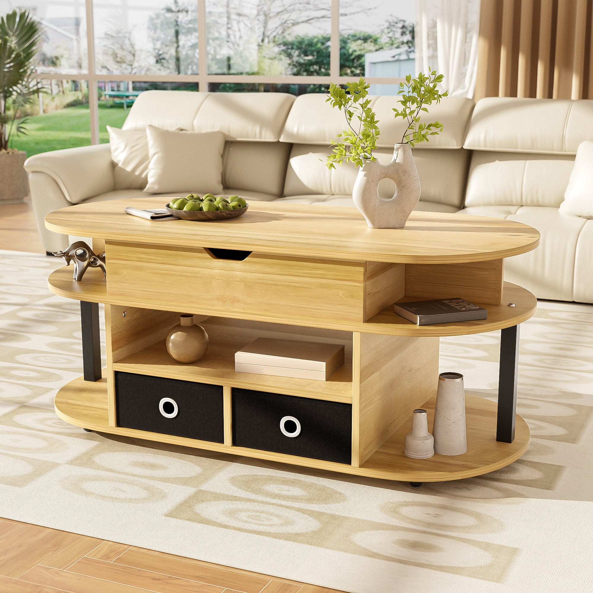 PINGGO Modern Wood Coffee Table with Lift Top & Storage Drawers for Living Room