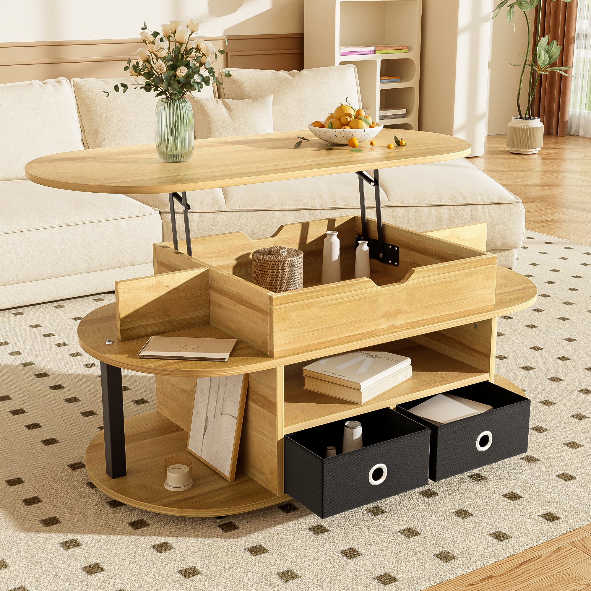 PINGGO Modern Wood Coffee Table with Lift Top & Storage Drawers for Living Room
