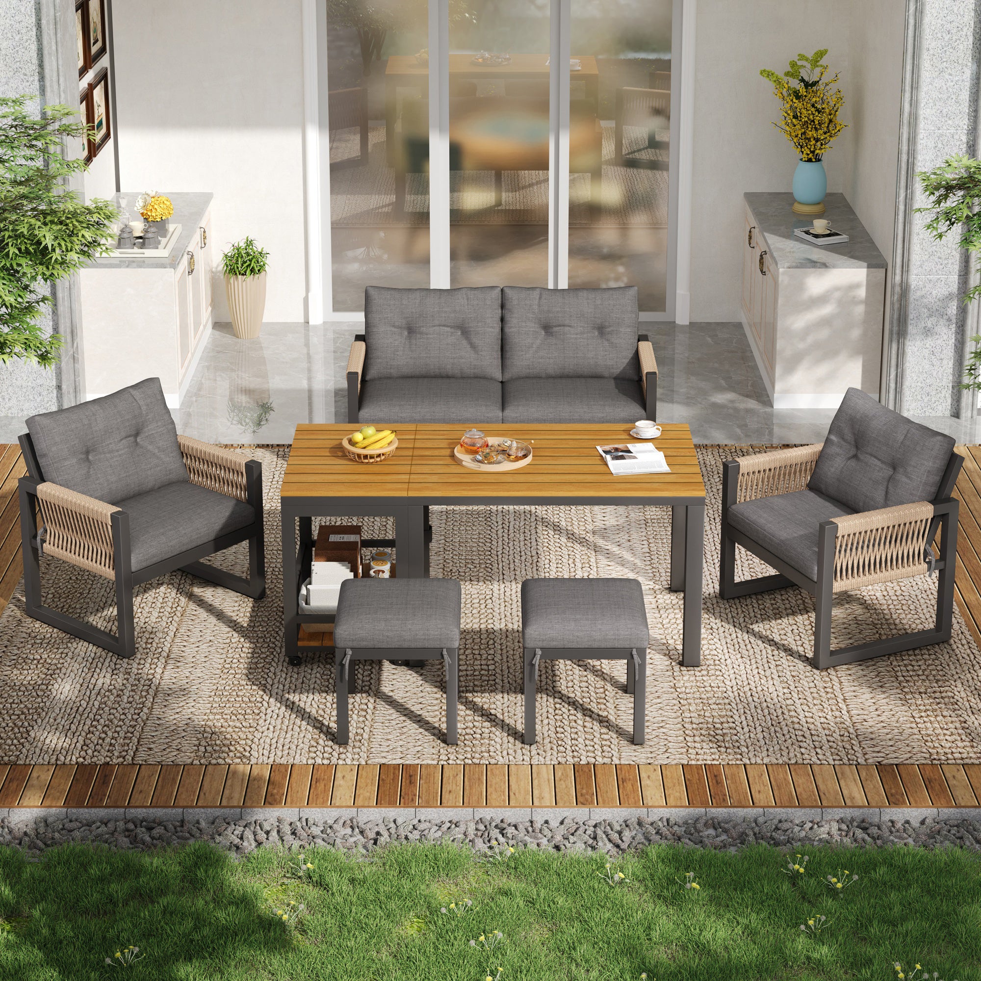 PINGGO Multi-Person Outdoor Meeting Sofa Set with Multifunctional Table