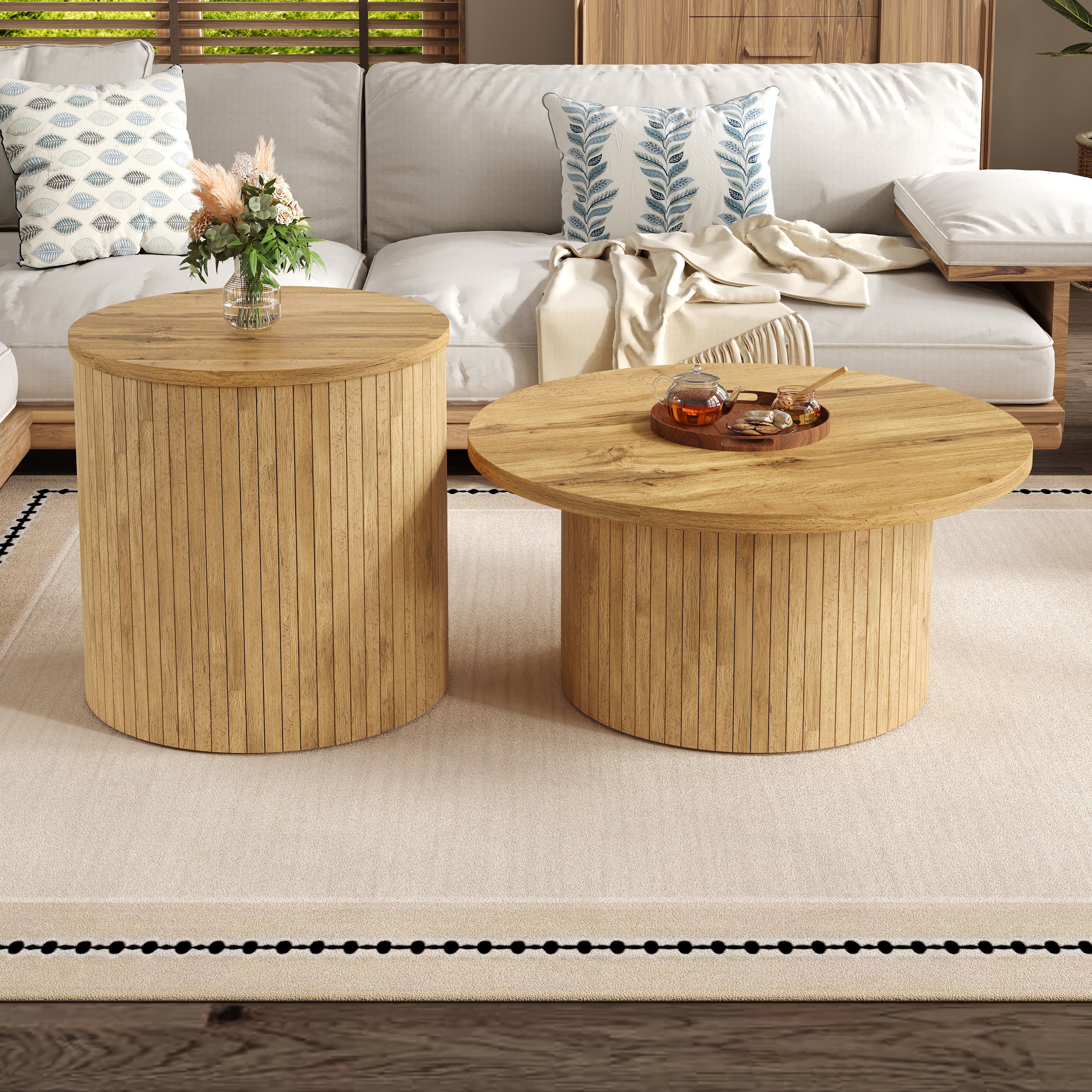 PINGGO Double Round Coffee Table Side Table