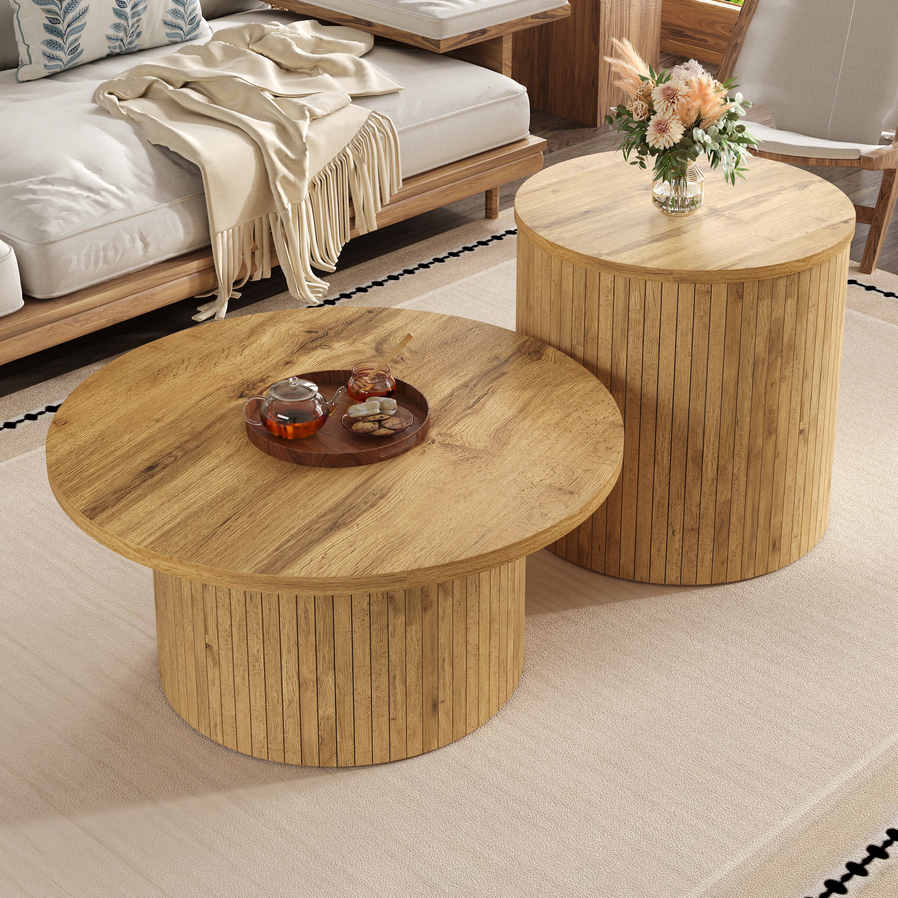 PINGGO Double Round Coffee Table Side Table