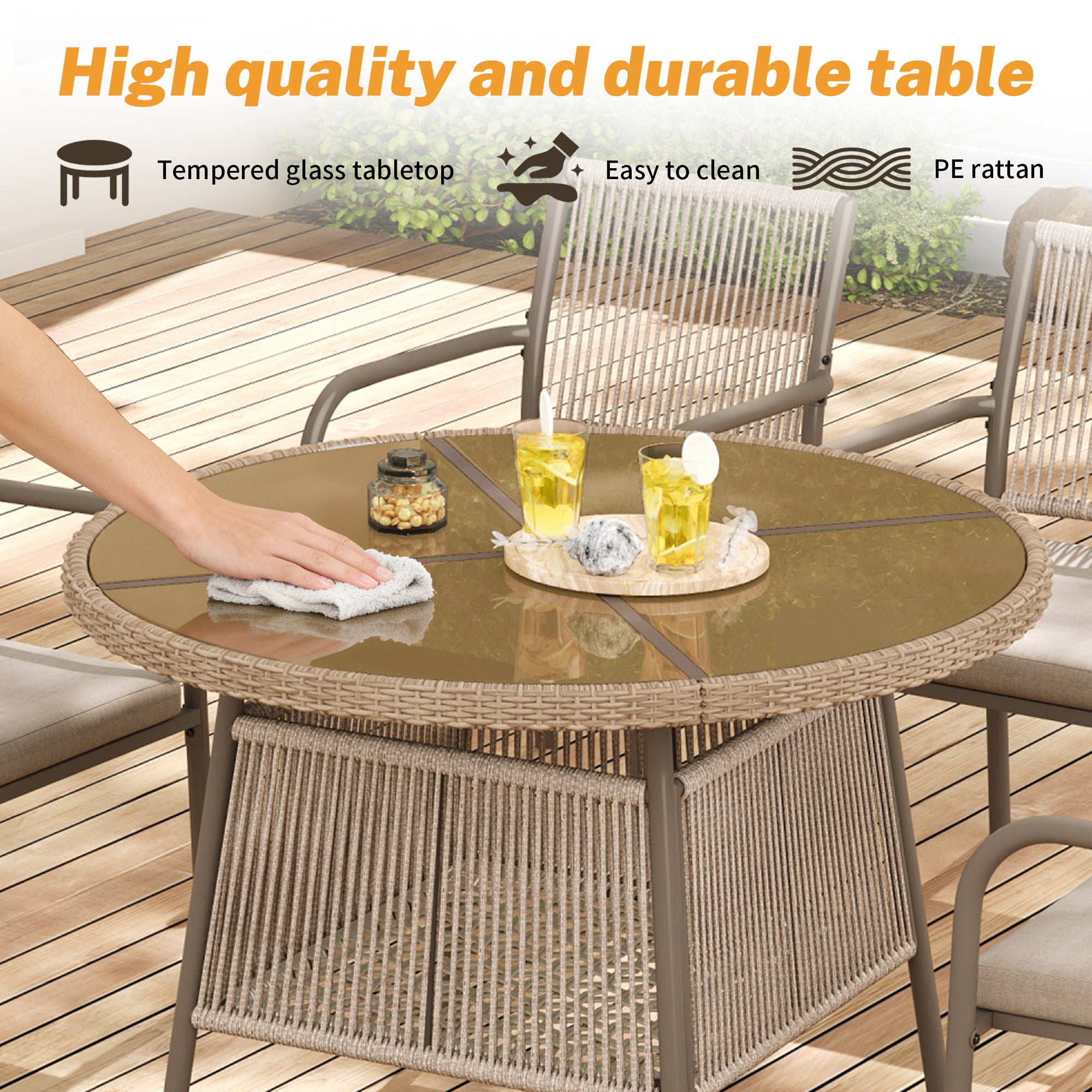 PINGGO Rattan Patio Furniture Set – Glass Table 4 Armchairs for Garden Balcony