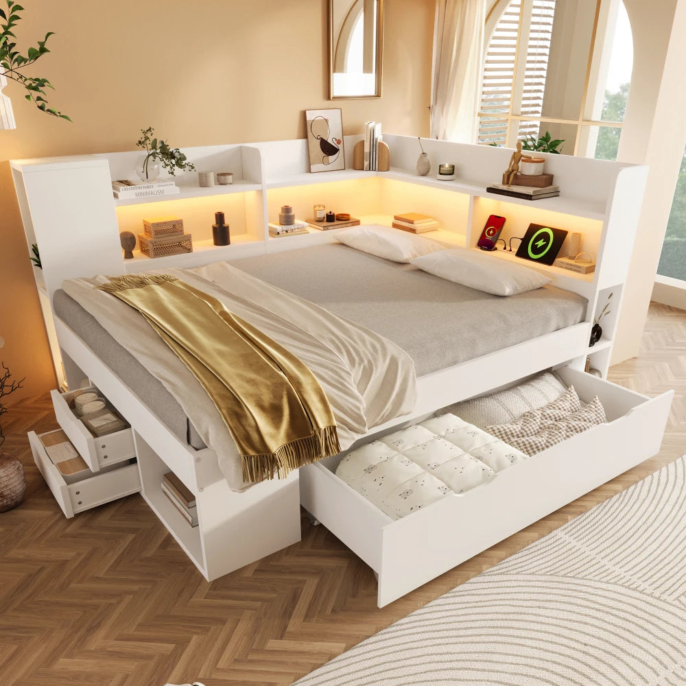 PINGGO 140x200cm White Functional Daybed Wooden Double Bed LED Lighting USB+Type C Port Storage Racks Drawers Guest Bed Frame