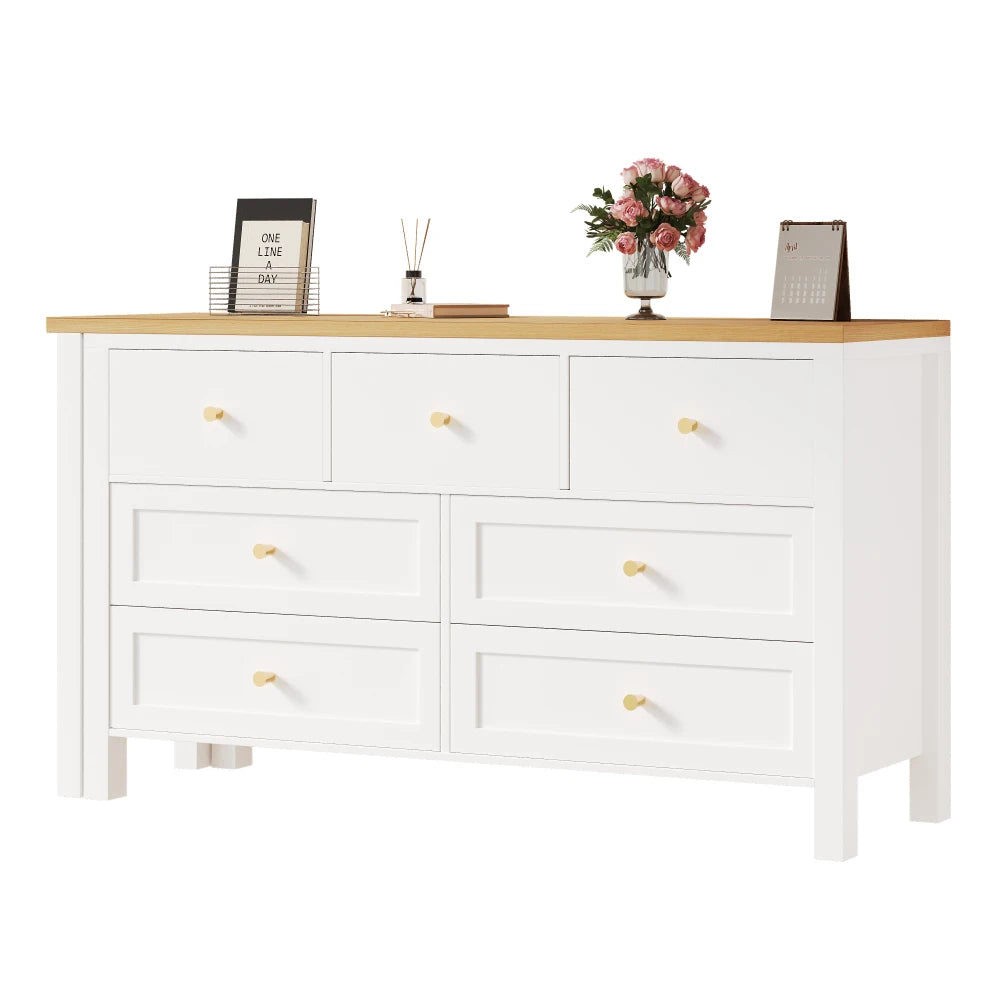 PINGGO 7 Drawer 2-in-1 Rotatable Desk Oak Optics 360° Turntable Top White Natural L-Shaped Corner Desk Hairdressing Table