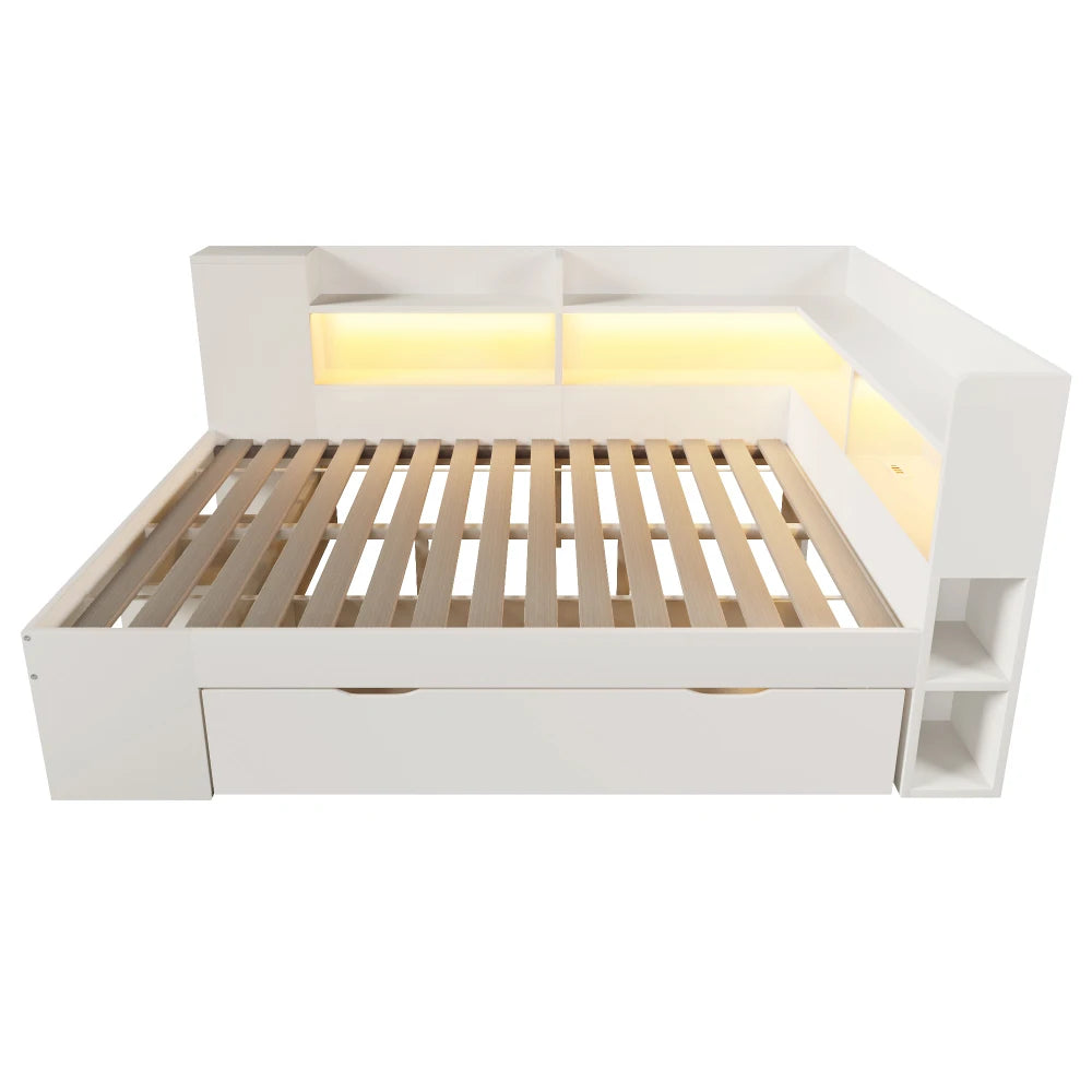 PINGGO 140x200cm White Functional Daybed Wooden Double Bed LED Lighting USB+Type C Port Storage Racks Drawers Guest Bed Frame