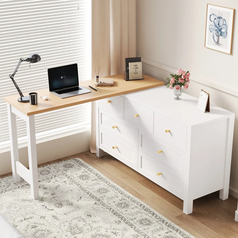 PINGGO 7 Drawer 2-in-1 Rotatable Desk Oak Optics 360° Turntable Top White Natural L-Shaped Corner Desk Hairdressing Table