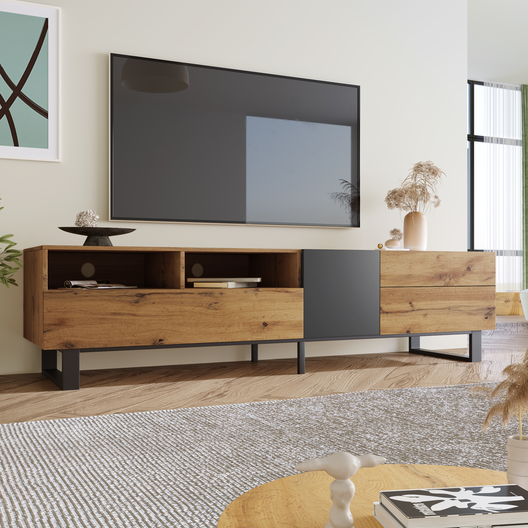 PINGGO 180cm Modern Colorblock TV Cabinet | Wood Grating Storage Console for Living Room