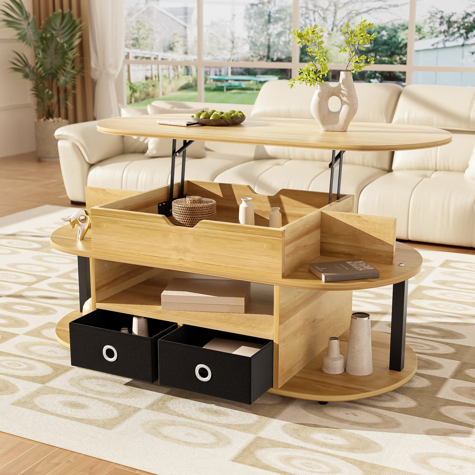 PINGGO Modern Wood Coffee Table with Lift Top & Storage Drawers for Living Room