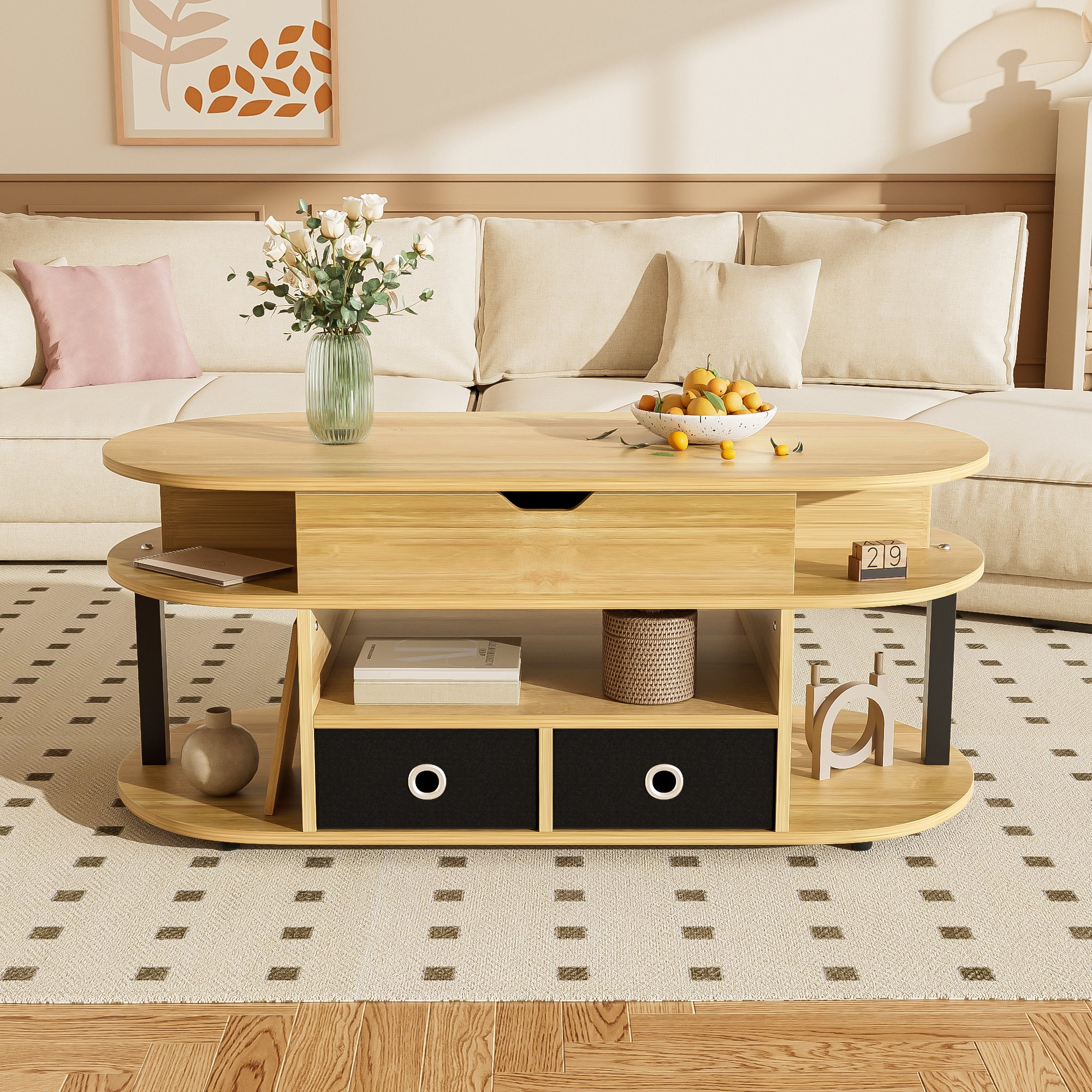 PINGGO Modern Wood Coffee Table with Lift Top & Storage Drawers for Living Room