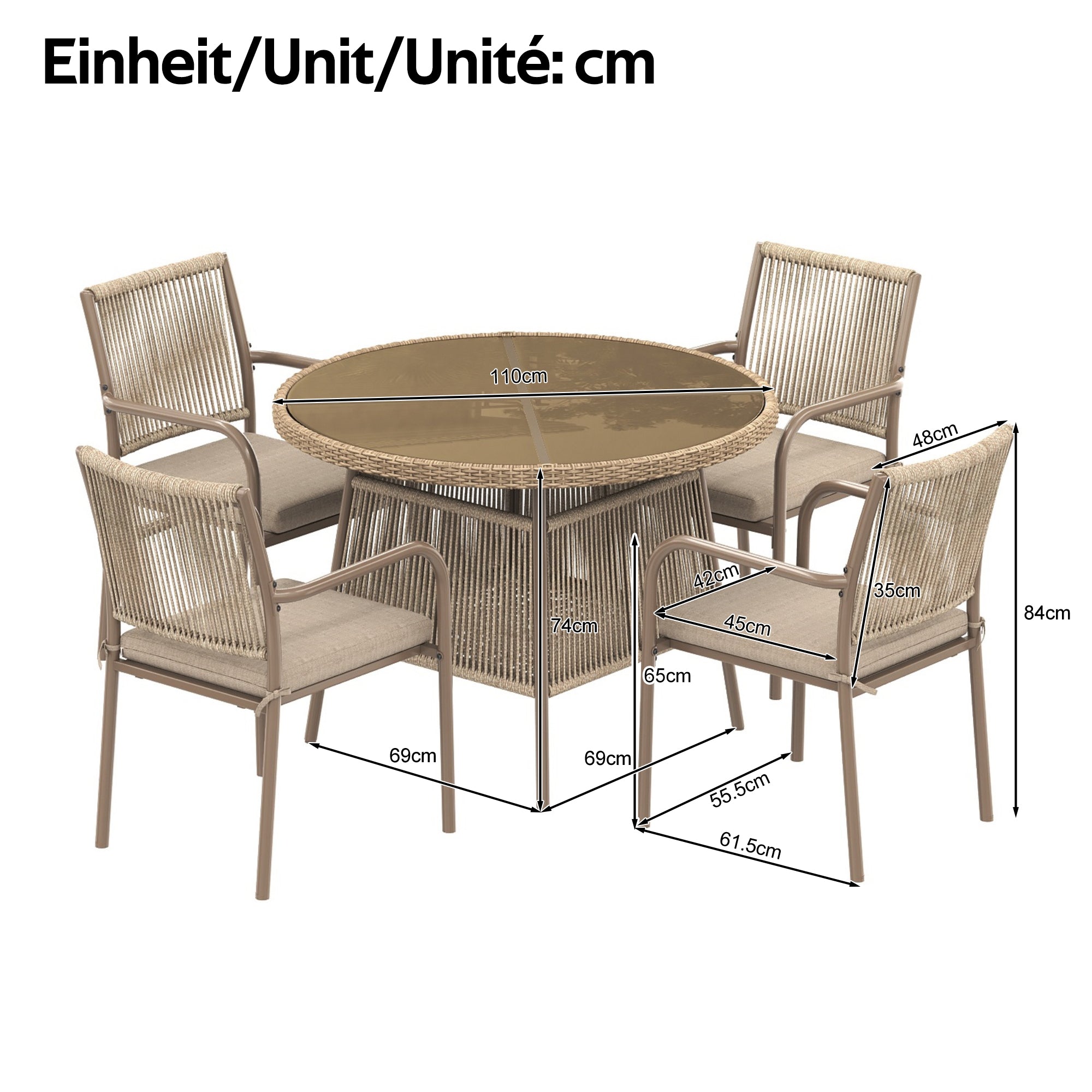 PINGGO Rattan Patio Furniture Set – Glass Table 4 Armchairs for Garden Balcony