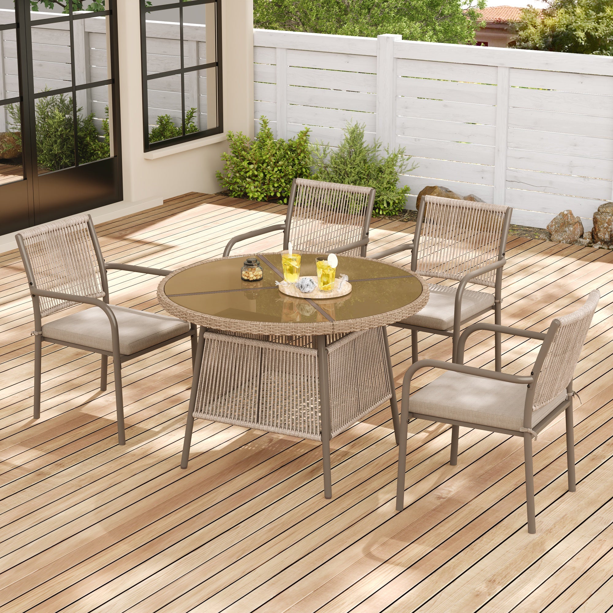 PINGGO Rattan Patio Furniture Set – Glass Table 4 Armchairs for Garden Balcony