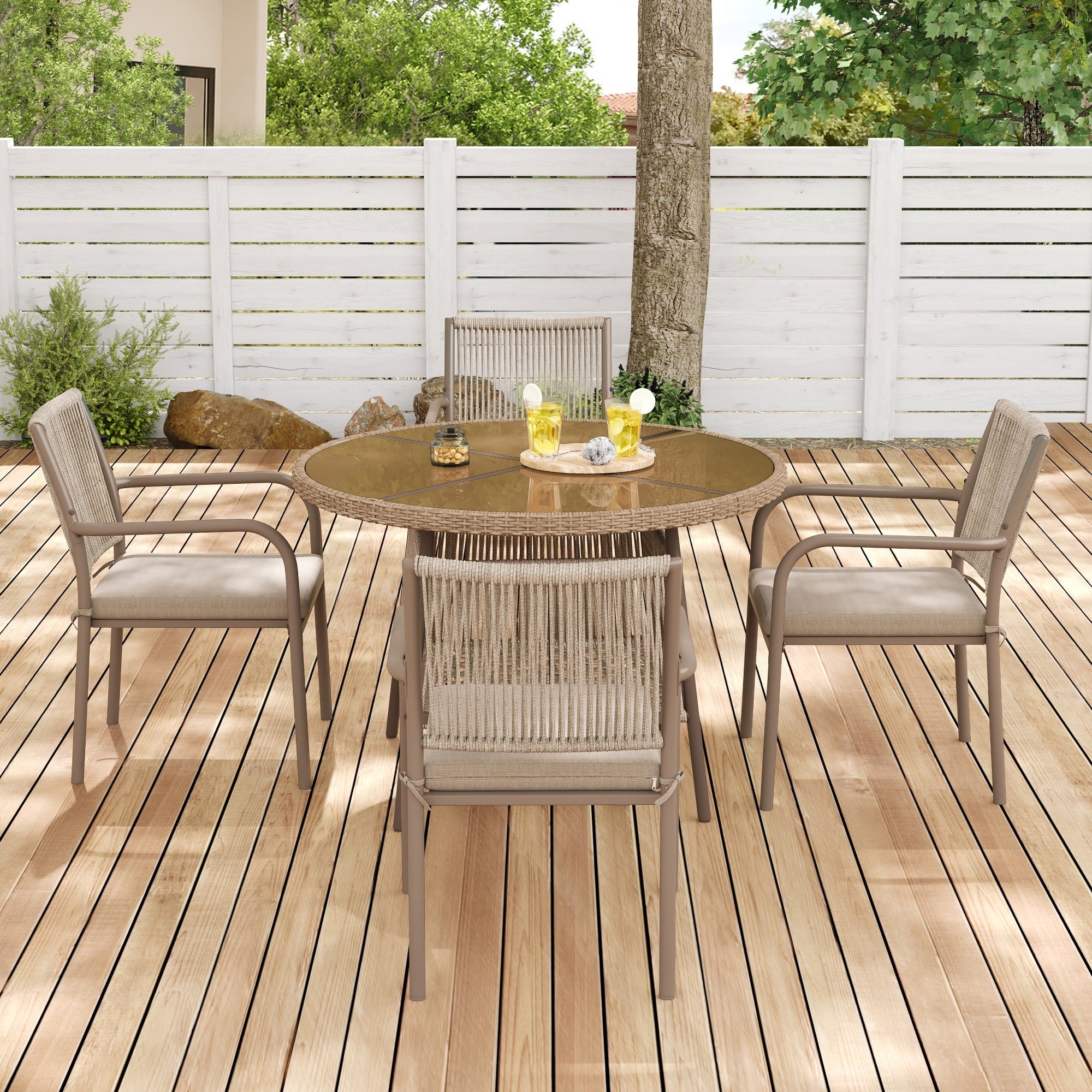 PINGGO Rattan Patio Furniture Set – Glass Table 4 Armchairs for Garden Balcony