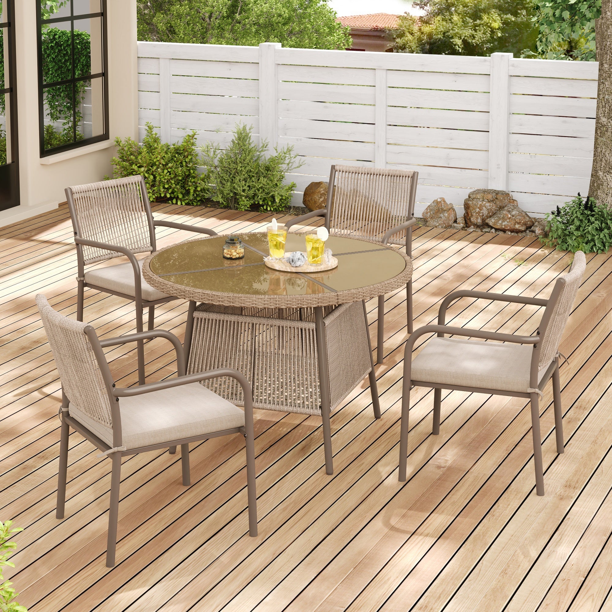 PINGGO Rattan Patio Furniture Set – Glass Table 4 Armchairs for Garden Balcony