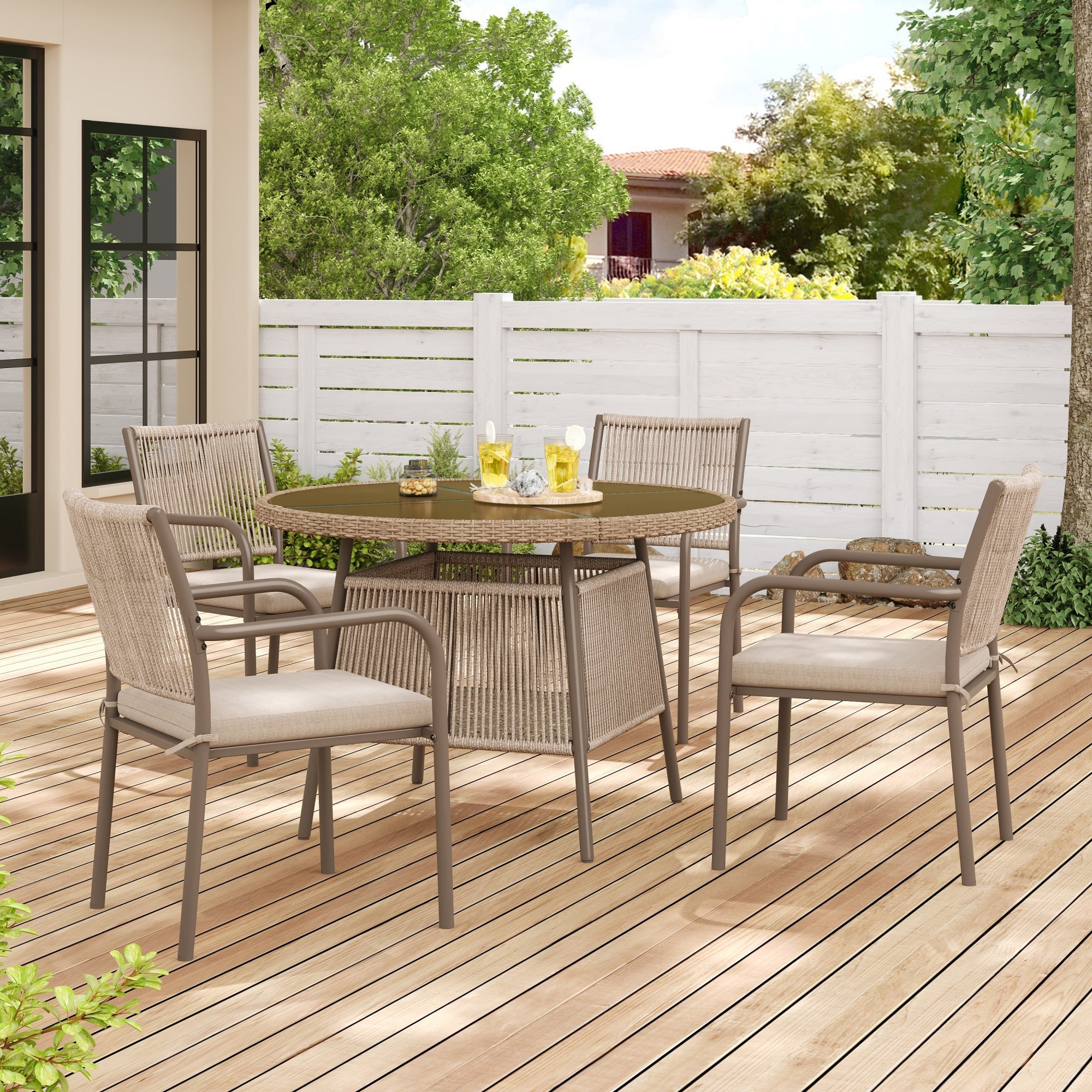PINGGO Rattan Patio Furniture Set – Glass Table 4 Armchairs for Garden Balcony