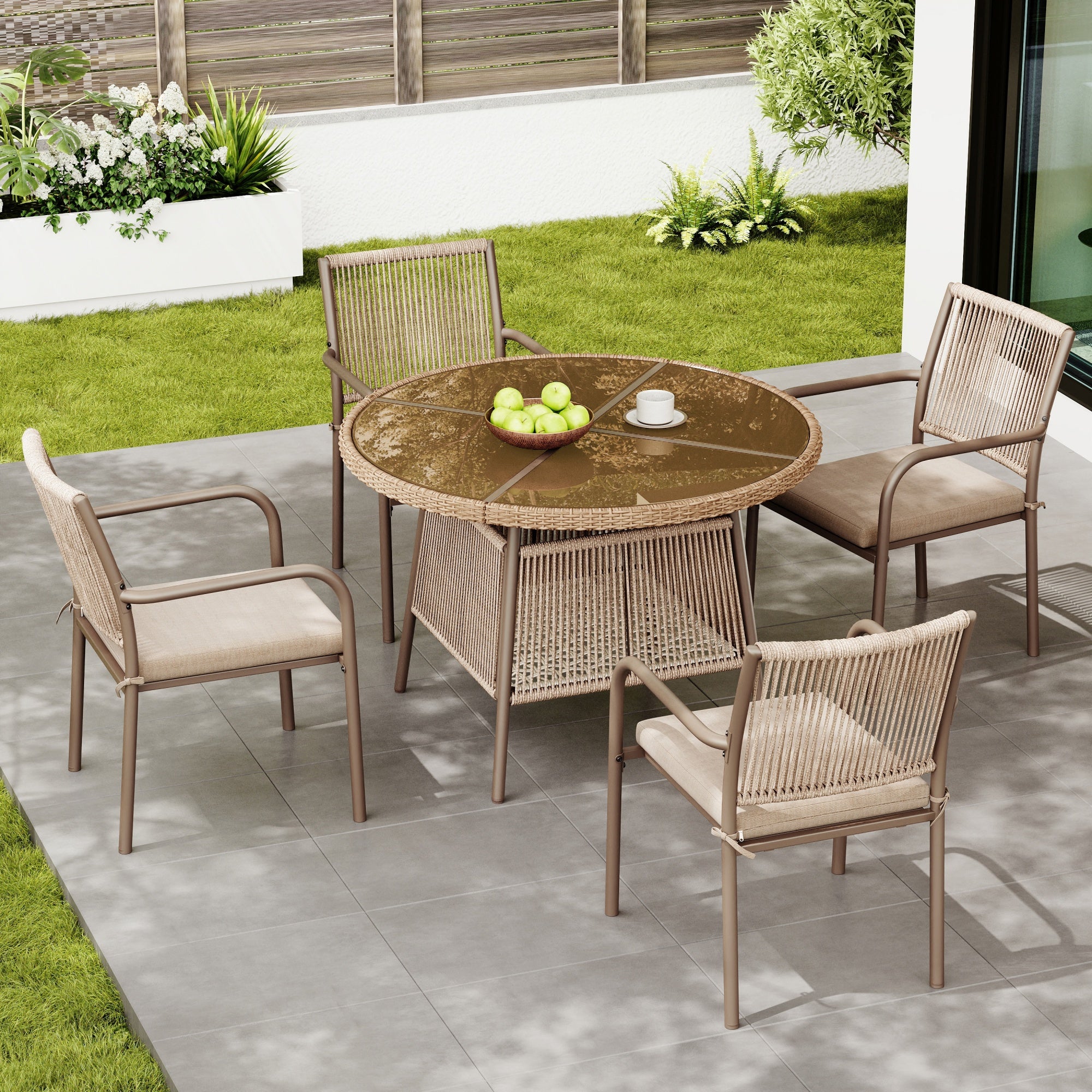 PINGGO Rattan Patio Furniture Set – Glass Table 4 Armchairs for Garden Balcony